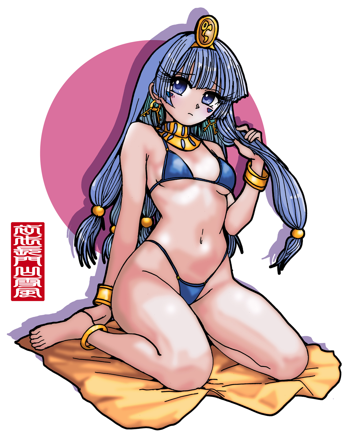 wakisaka dk, michigami nareko, touhou, highres, 1girl, anklet, barefoot, bikini, blue bikini, blue eyes, blue hair, bracelet, breasts, earrings, expressionless, facial mark, feet, gold, hair bobbles, hair ornament, jewelry, key earrings, long hair, looking to the side, navel, sitting, solo, swimsuit, towel, triangle, triangle facial mark, very long hair, white background