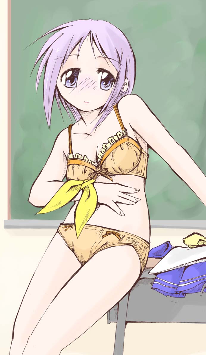 jason (kaiten kussaku kikou), hiiragi tsukasa, lucky star, 00s, 1girl, blue eyes, bra, female focus, lingerie, panties, purple hair, short hair, solo, underwear, underwear only, unworn clothes