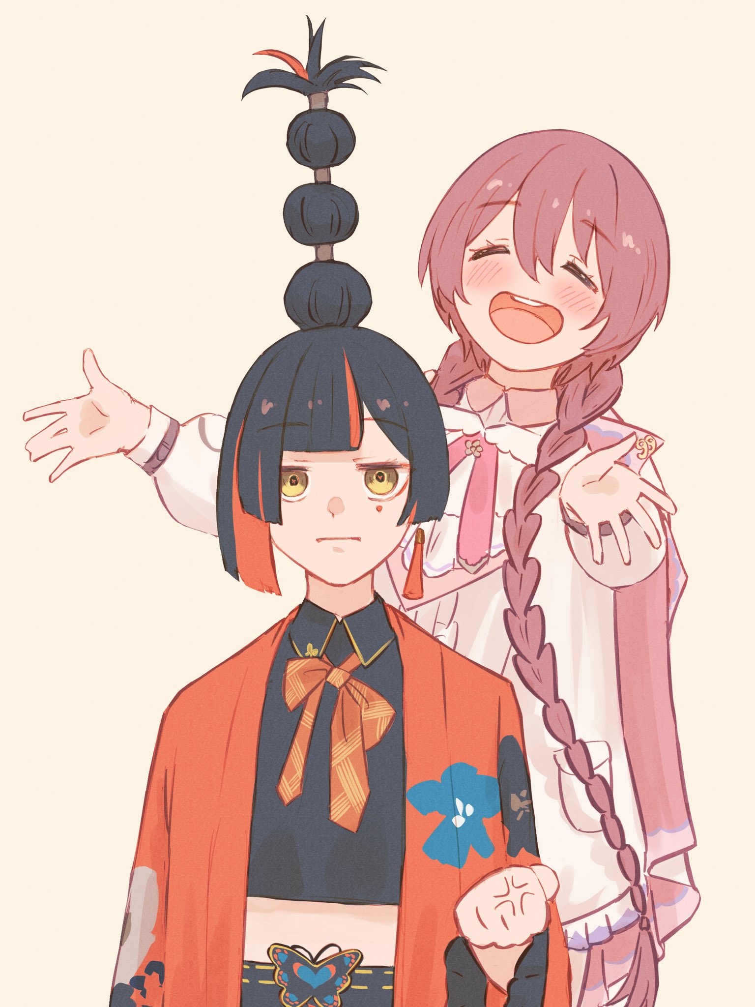 tsubu (kappunioyu562), amayui moka, choya hanabi, vspo!, highres, 2girls, black hair, black shirt, blouse, blunt bangs, blunt sidelocks, blush, bow, bowtie, braid, clenched hand, cloak, closed eyes, collared shirt, cropped shirt, double-parted bangs, earrings, eyeliner, facial mark, hair between eyes, haori, japanese clothes, jewelry, loose bowtie, makeup, multi-tied hair, multicolored hair, multiple girls, open mouth, parted bangs, pink hair, red bow, red bowtie, red eyeliner, red haori, shirt, sidelocks, simple background, single earring, streaked hair, tassel, tassel earrings, teeth, twin braids, unamused, upper teeth only, virtual youtuber, white background, white shirt, yellow eyes