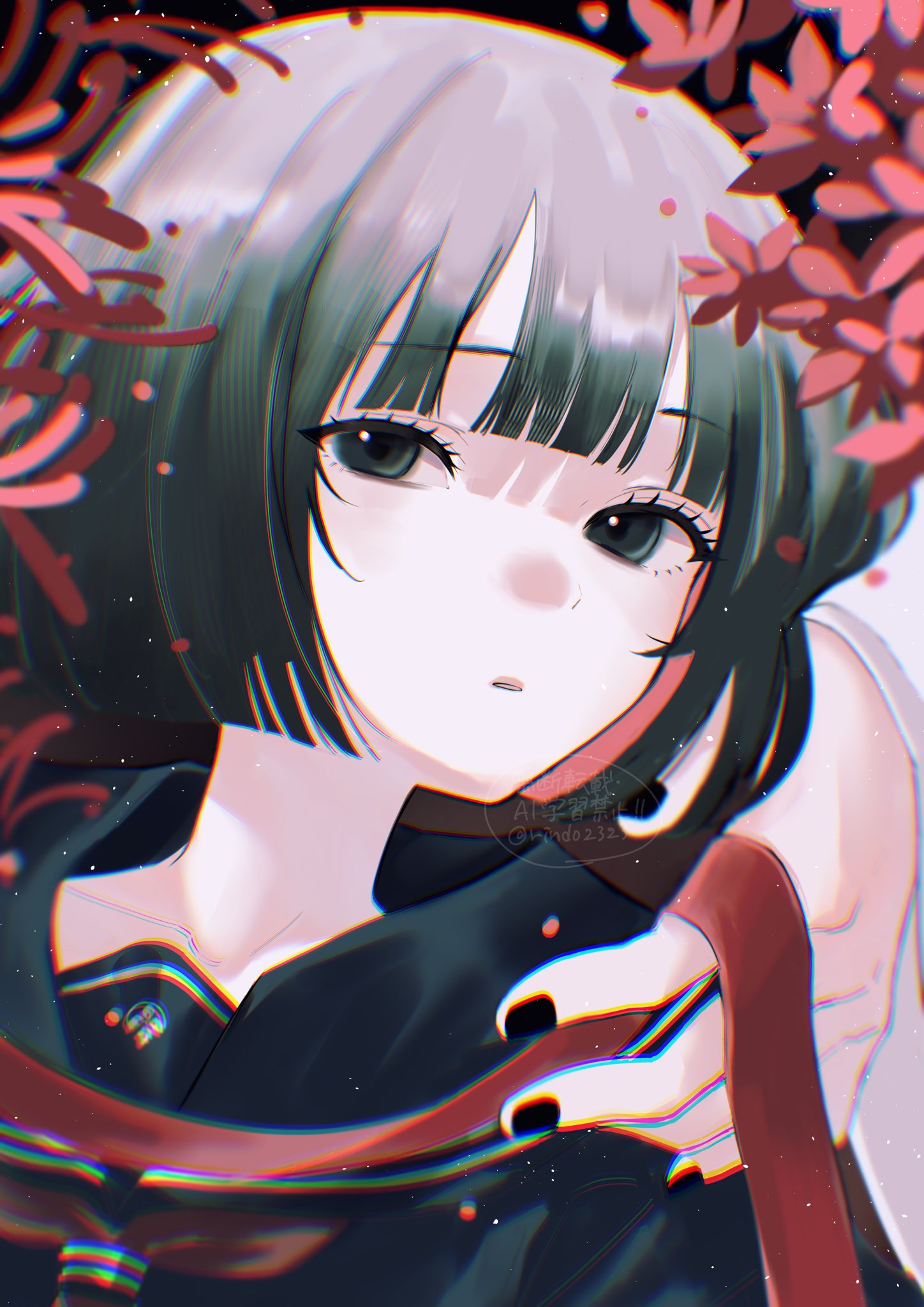 hoshirindo, fox mask (silent hill), shimizu hinako, silent hill (series), silent hill f, highres, 1boy, 1girl, black hair, black nails, black sailor collar, black serafuku, black shirt, blunt bangs, blunt ends, flower, fox mask, grey eyes, looking at viewer, mask, nail polish, neckerchief, parted lips, red flower, red neckerchief, red ribbon, ribbon, robe, sailor collar, school uniform, serafuku, shirt, spider lily, upper body, white robe, wide sleeves