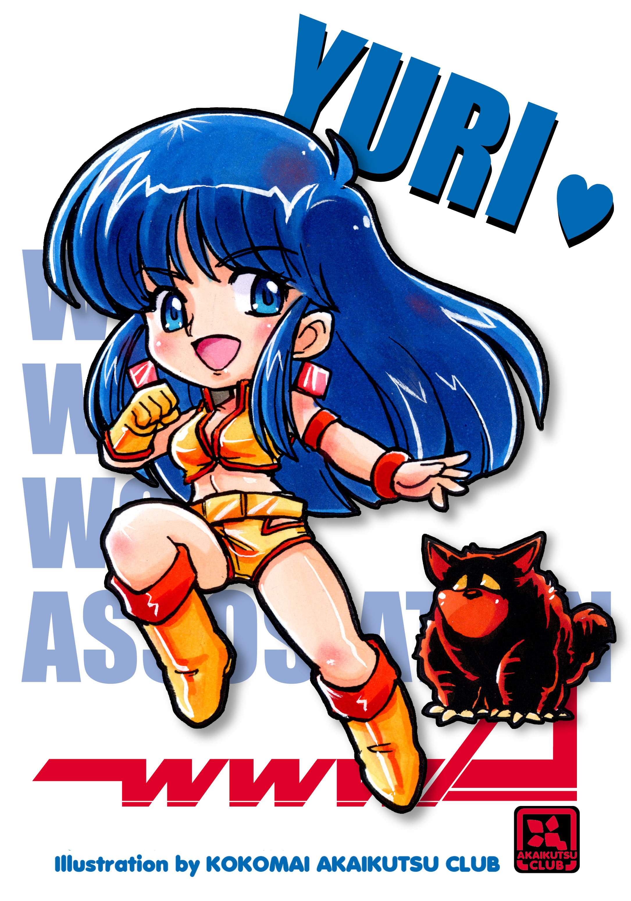 kokomahi, mughi, yuri (dirty pair), dirty pair, absurdres, commentary, highres, 1girl, animal, artist name, blue eyes, blue hair, boots, bracelet, breasts, character name, chibi, chibi only, circle name, claws, cleavage, crop top, earrings, full body, gloves, heart, jewelry, leg up, long hair, looking at viewer, micro shorts, midriff, open mouth, red fur, shirt, shorts, single glove, sleeveless, sleeveless shirt, smile, solo focus, thighs, yellow boots, yellow eyes, yellow gloves, yellow shirt, yellow shorts