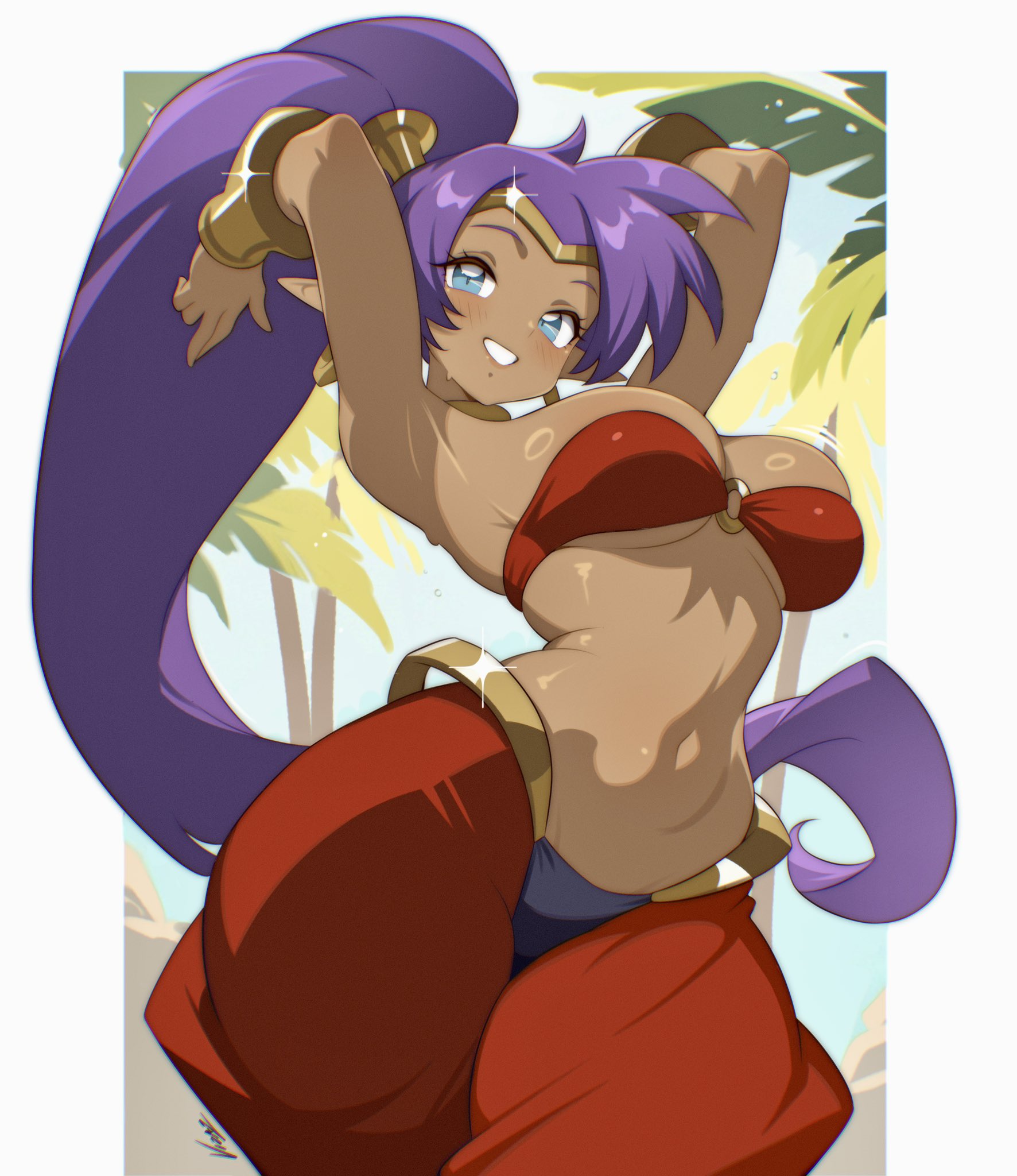 vizaz, shantae, shantae (series), highres, 1girl, arms up, bedlah, blue eyes, bracer, breasts, dark-skinned female, dark skin, day, harem pants, large breasts, long hair, looking at viewer, navel, o-ring, o-ring top, outdoors, palm tree, pants, pointy ears, ponytail, purple hair, red pants, red tube top, smile, solo, standing, strapless, tree, tube top