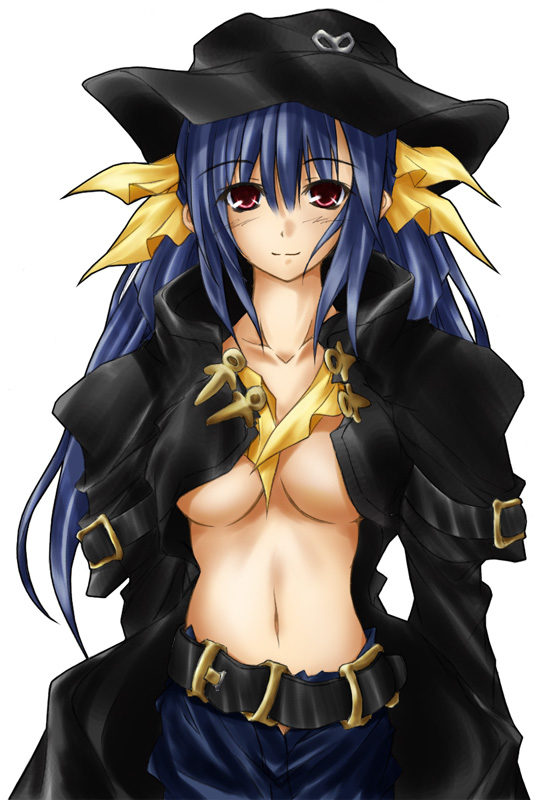 hamu (moeyobaka), dizzy (guilty gear), johnny (guilty gear), arc system works, guilty gear, guilty gear x, guilty gear xx, 1girl, belt, blue hair, bow, breasts, buckle, coat, cosplay, female focus, hair bow, hat, johnny (cosplay), johnny (guilty gear) (cosplay), long hair, midriff, navel, no bra, open clothes, open coat, open shirt, purple eyes, shirt, simple background, smile, solo, underboob
