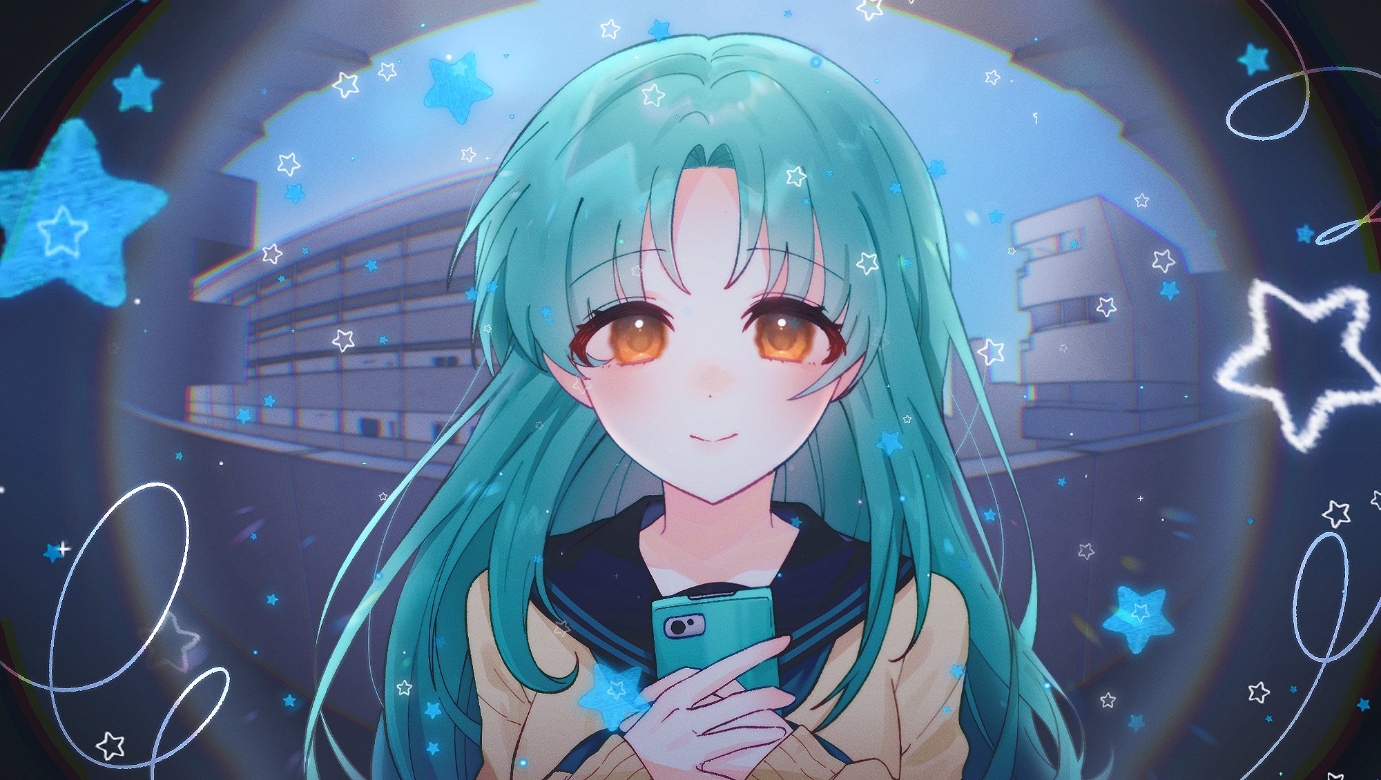 tokugawa matsuri, idolmaster, idolmaster million live!, highres, 1girl, apartment, blue sailor collar, blush, cellphone, closed mouth, fisheye, green hair, hair down, holding, holding phone, kiraku (s2 ou0uo s2), long hair, long sleeves, looking at viewer, orange eyes, outdoors, phone, pov peephole, sailor collar, smartphone, smile, solo, star (symbol), straight-on, sweater, upper body, yellow sweater
