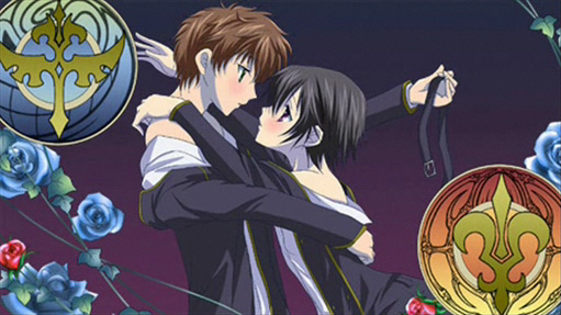 kururugi suzaku, lelouch vi britannia, code geass, kannazuki no miko, non-web source, 2boys, hug, male focus, miko embrace, multiple boys, parody, yaoi