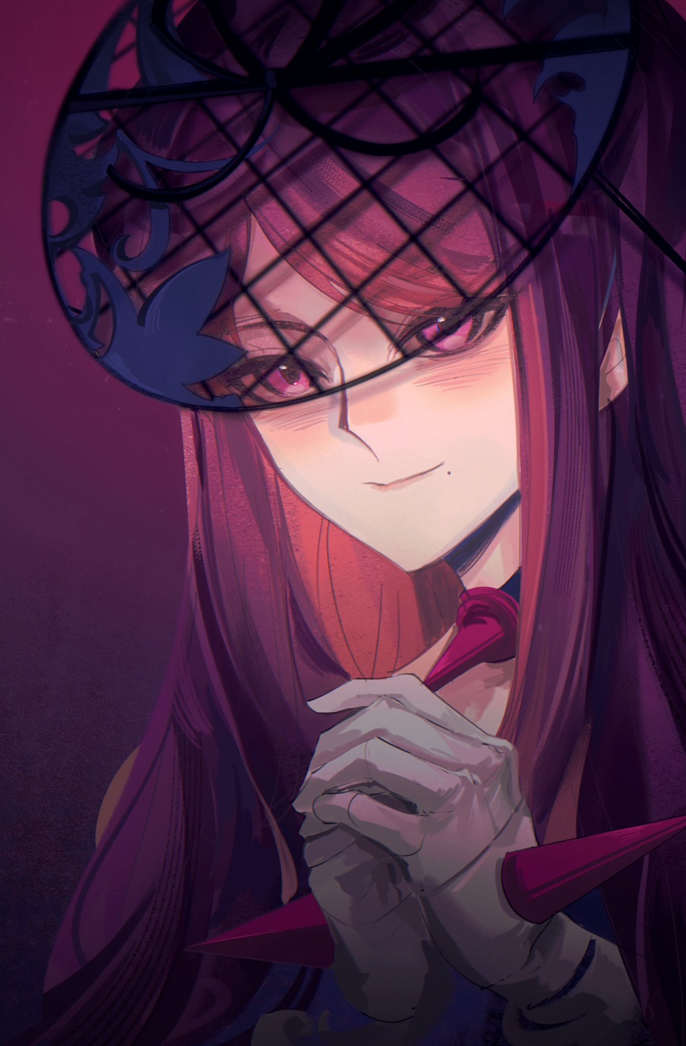 anshango, ivy (fire emblem), fire emblem, fire emblem engage, nintendo, spiked, highres, 1girl, fascinator, long hair, looking at viewer, own hands together, purple eyes, purple hair, see-through clothes, see-through headwear, solo