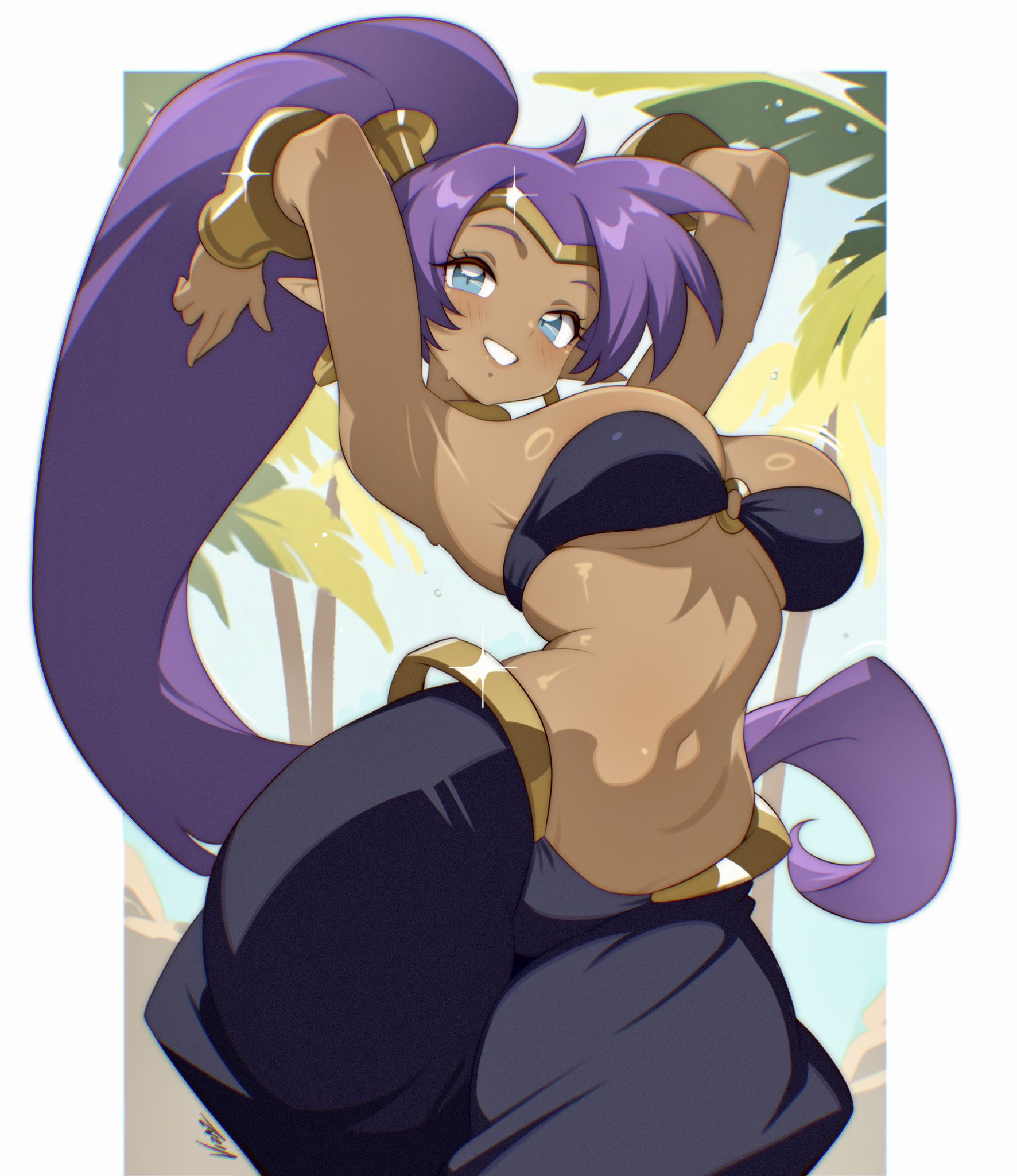 vizaz, shantae, shantae (series), highres, variant set, 1girl, arms up, bedlah, black pants, black tube top, blue eyes, bracer, breasts, dark-skinned female, dark skin, day, harem pants, large breasts, long hair, looking at viewer, navel, o-ring, o-ring top, outdoors, palm tree, pants, pointy ears, ponytail, purple hair, smile, solo, standing, strapless, tree, tube top