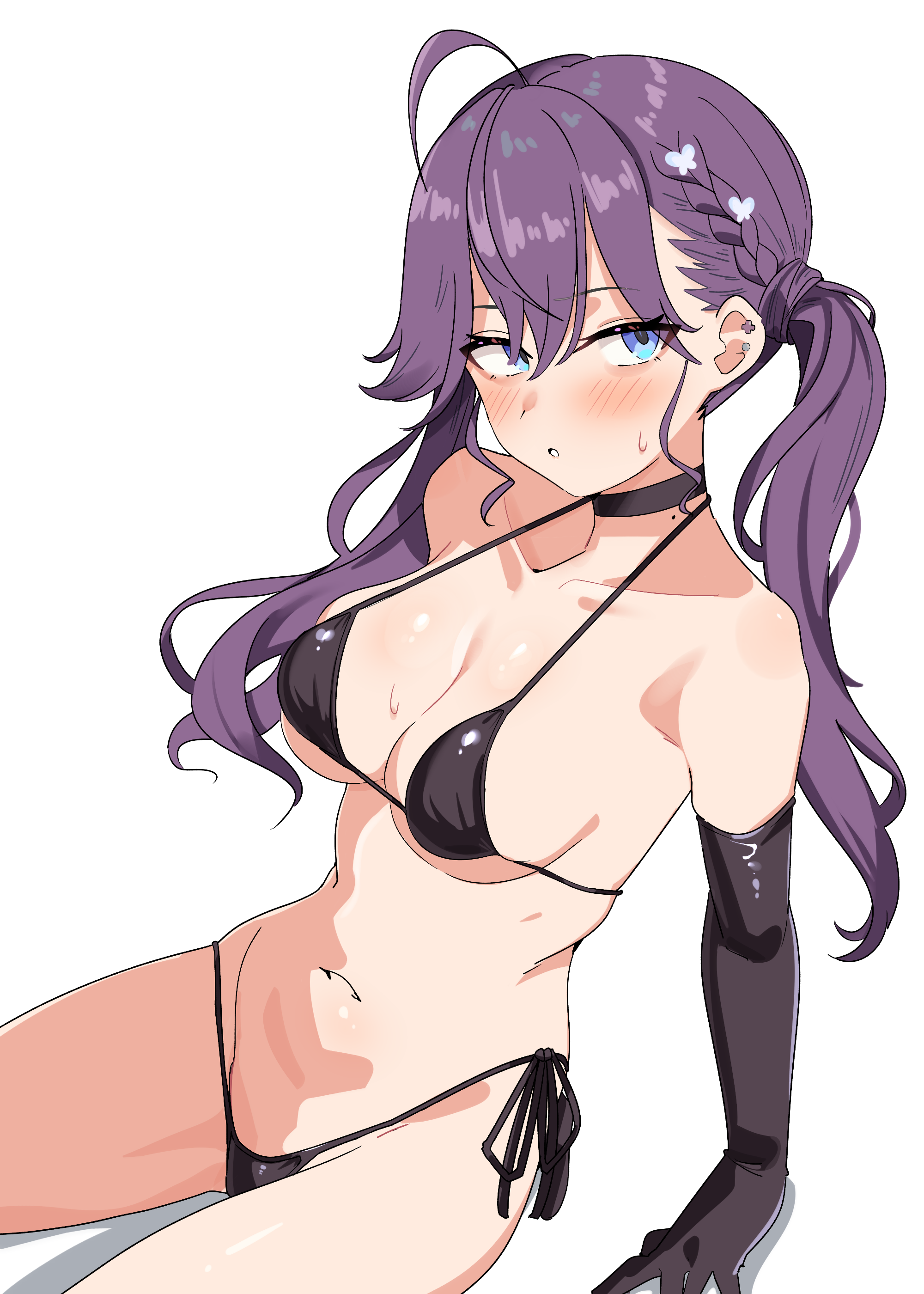 seihekiog, kaya rinha, gakuen idolmaster, idolmaster, absurdres, highres, paid reward available, 1girl, bare shoulders, bikini, black bikini, black gloves, blue eyes, blush, breasts, cleavage, elbow gloves, gloves, long hair, looking at viewer, medium breasts, mole, mole on neck, navel, parted lips, purple hair, side-tie bikini bottom, simple background, sitting, solo, stomach, swimsuit, thighs, twintails, underboob, white background