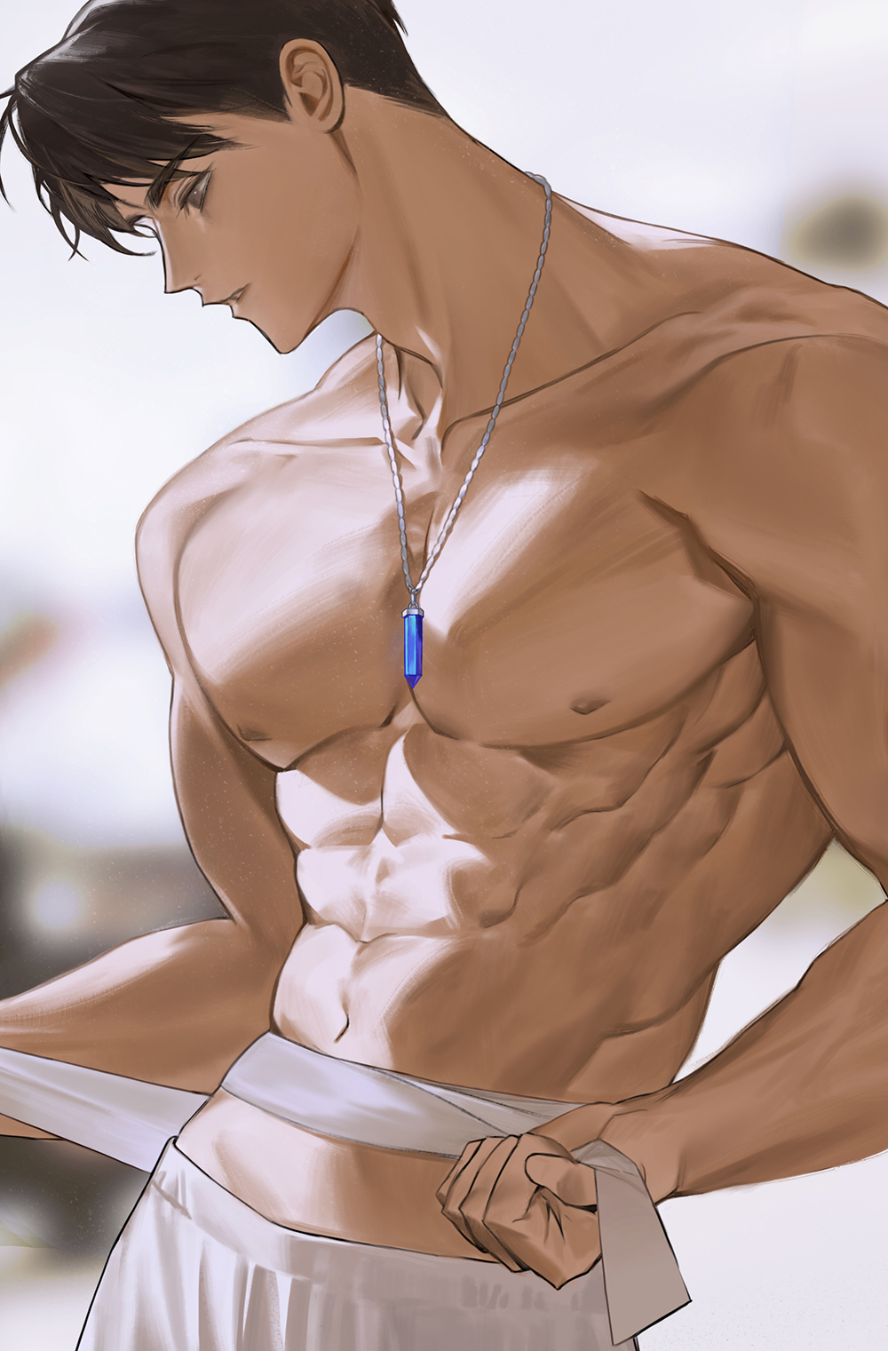 h nut, character request, commentary request, copyright request, highres, korean commentary, abs, adam's apple, black hair, brown eyes, collarbone, jewelry, male focus, muscular, muscular male, navel, necklace, nipples, pants, pectorals, short hair, toned, toned male, topless male, white pants
