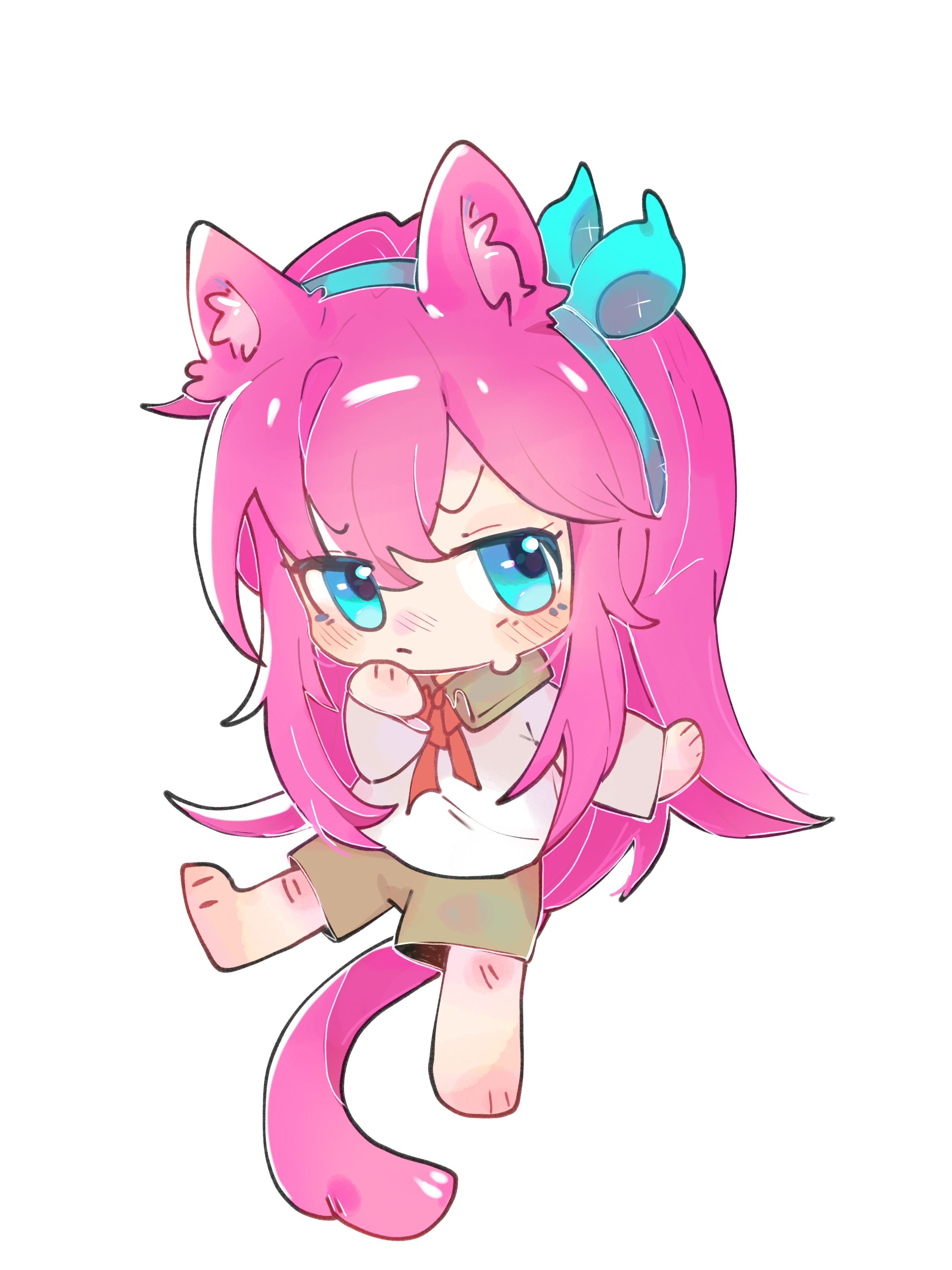 aubrey (faraway) (omori), aubrey (omori), omori, absurdres, chinese commentary, commentary request, highres, 1girl, alternate costume, animal ear fluff, animal ears, aqua hairband, bare legs, blue eyes, blush, bow, bow hairband, bowtie, brown shorts, cat ears, cat girl, cat tail, chibi, chibi only, closed mouth, collared shirt, double-parted bangs, fewer digits, frown, full body, hair between eyes, hairband, hand on own chin, kemonomimi mode, long hair, long sleeves, looking at viewer, nose blush, pink hair, pink tail, qieqiaokeli, red bow, red bowtie, shirt, shorts, simple background, sitting, straight hair, sweatdrop, tail, v-shaped eyebrows, very long hair, white background, white shirt
