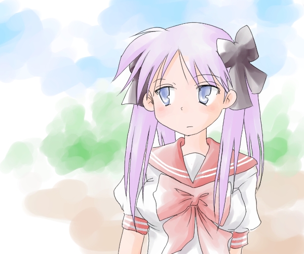 sasa90, sasa (pixiv150216), hiiragi kagami, lucky star, 00s, blue eyes, long hair, purple hair, ribbon, school uniform, serafuku, solo, twintails