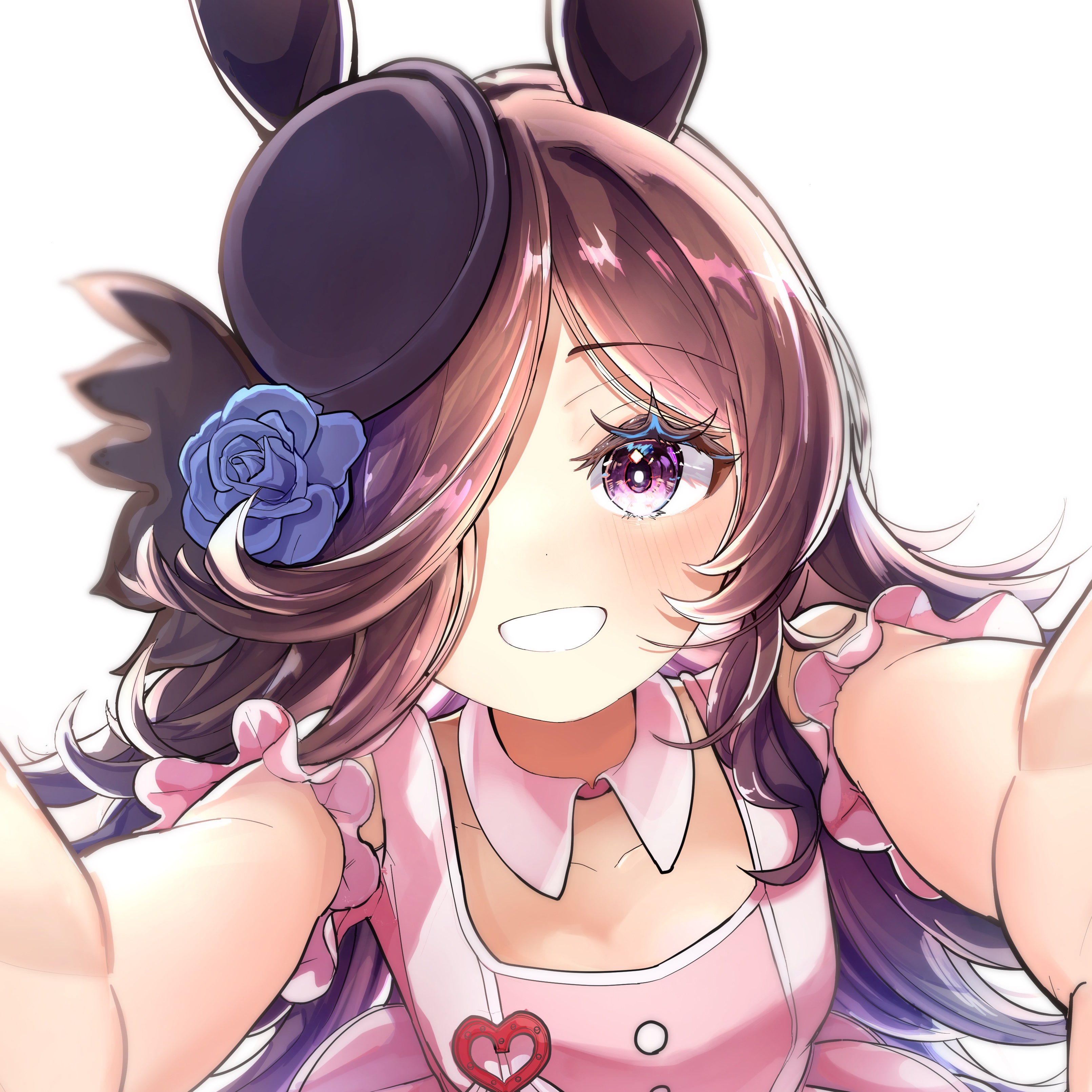 yu-muge, rice shower (umamusume), umamusume, absurdres, highres, 1girl, alternate costume, animal ears, blue flower, blue rose, blush, breasts, brown hair, clothing cutout, collarbone, detached collar, flipped hair, flower, grin, hair over one eye, hat, hat flower, heart, horse ears, horse girl, long hair, looking at viewer, meni shuki rush-sshu!, open mouth, outstretched arms, pink shirt, pink skirt, purple eyes, rose, shirt, shoulder cutout, simple background, skirt, smile, solo, tilted headwear