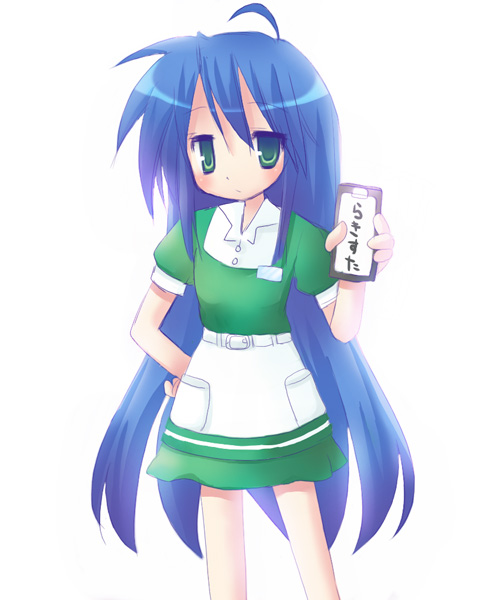 recol, izumi konata, lucky star, 00s, 1girl, ahoge, blue hair, female focus, green eyes, long hair, solo, waitress