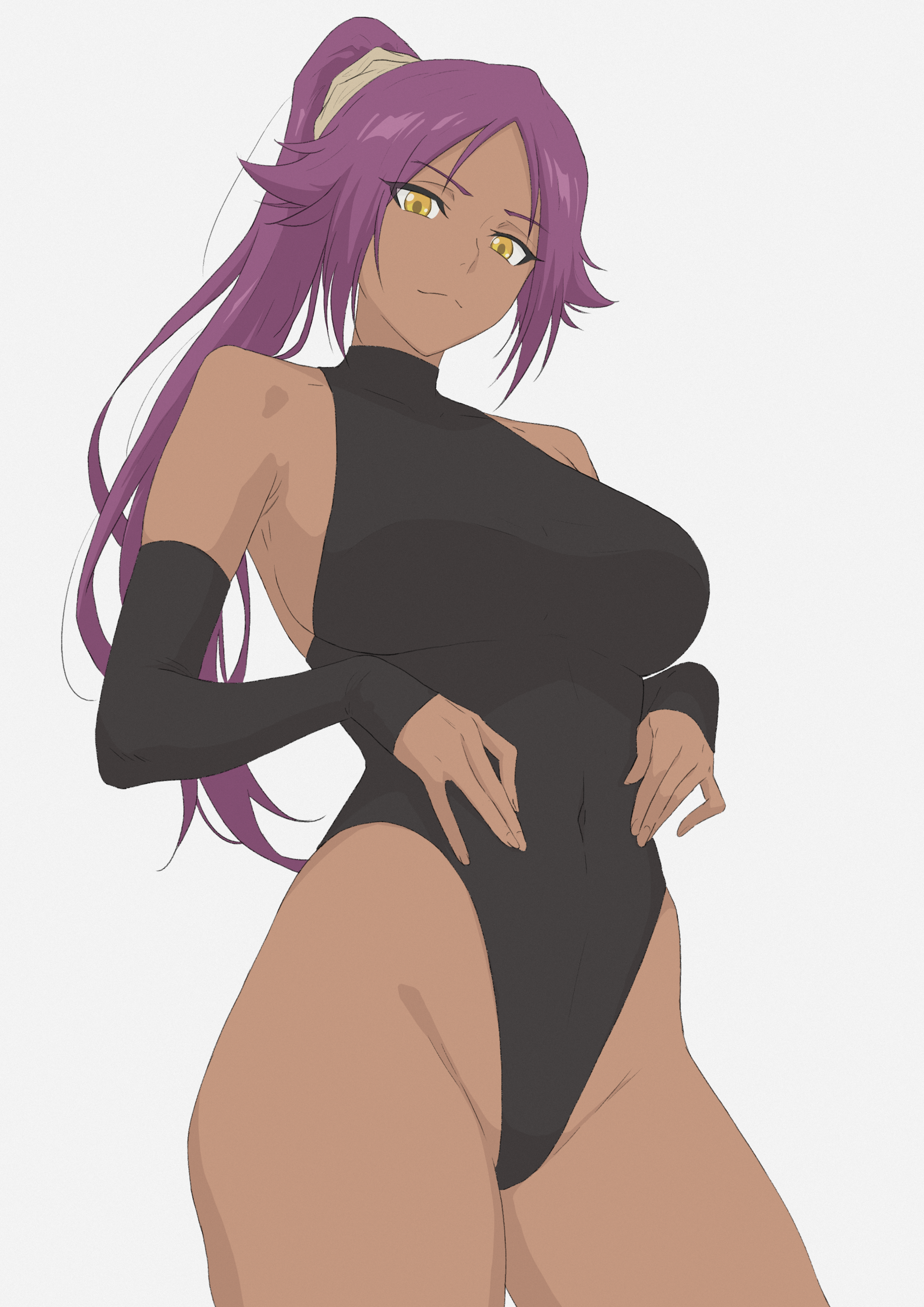 scalari126, shihouin yoruichi, bleach, bleach: sennen kessen-hen, 1girl, bare shoulders, black leotard, breasts, closed mouth, collarbone, dark-skinned female, dark skin, elbow gloves, female focus, gloves, hair ornament, large breasts, leotard, long hair, parted bangs, ponytail, purple hair, simple background, yellow eyes