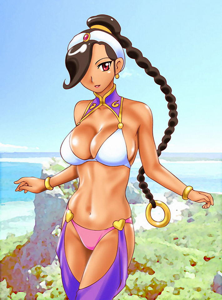 ueyama michirou, rouge (power stone), capcom, power stone, md5 mismatch, resolution mismatch, source smaller, 1990s (style), 1girl, arabian clothes, bikini, bikini top only, braid, breasts, brown hair, cleavage, earrings, female focus, gypsy, harem outfit, jewelry, lots of jewelry, red eyes, retro artstyle, solo, swimsuit