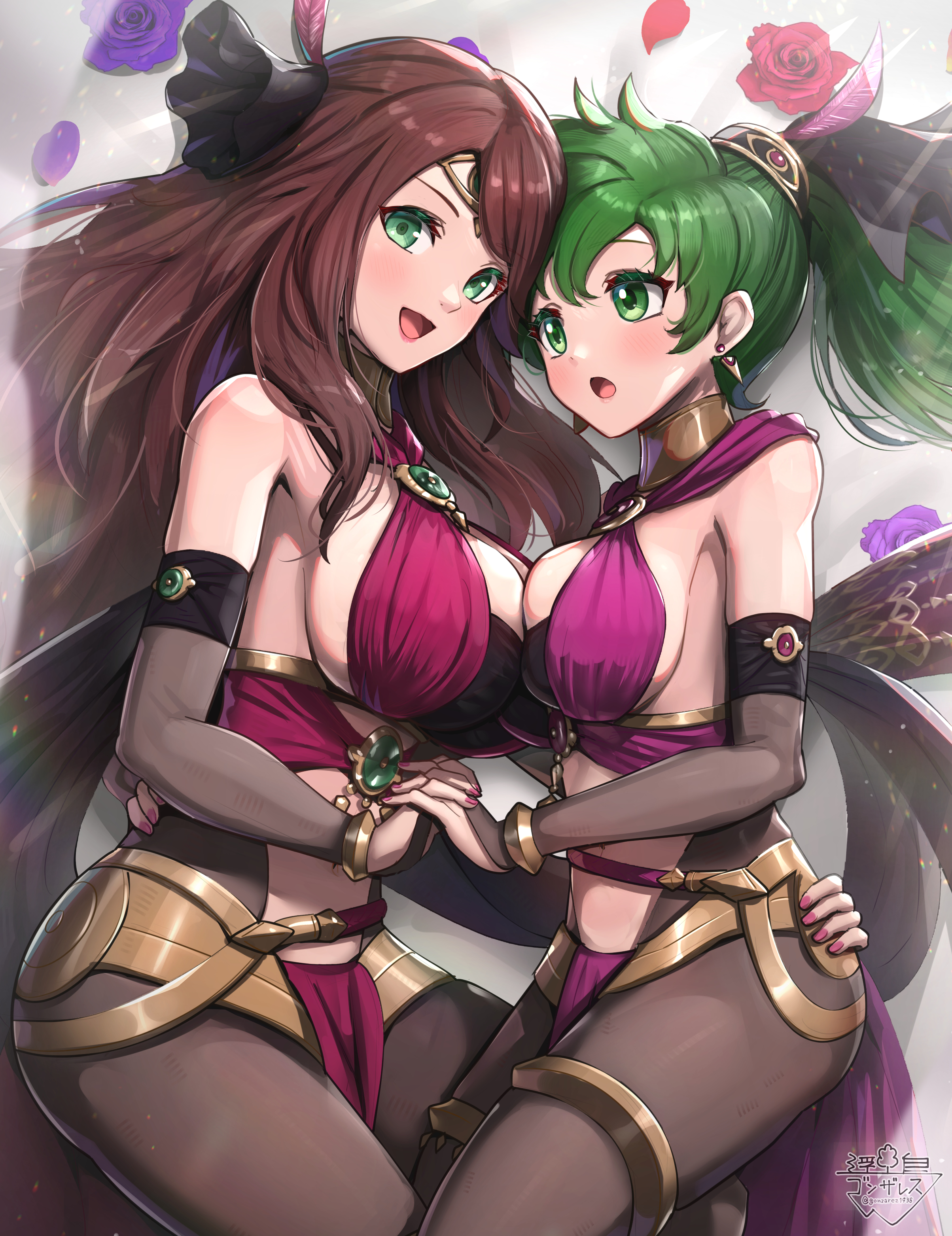 gonzarez, lyn (fire emblem), fire emblem, nintendo, absurdres, highres, asymmetrical docking, breast press, breasts, green eyes, grey hair, large breasts, multiple girls