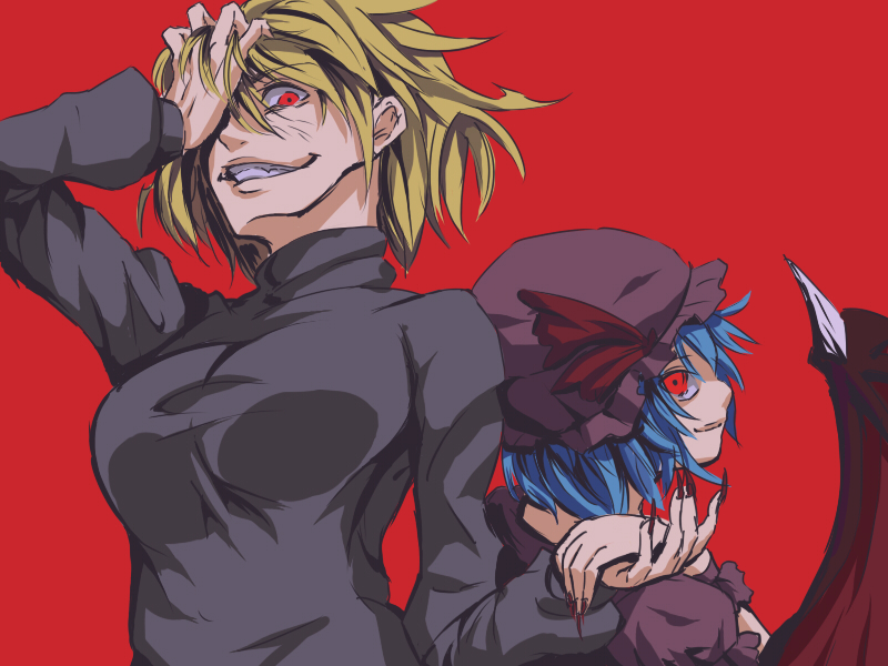 aryus, arcueid brunestud, red arcueid, remilia scarlet, touhou, tsukihime, hand on head, bad id, bad pixiv id, 00s, 2girls, blonde hair, claws, crazy eyes, crossover, female focus, grin, holding hands, multiple girls, red background, red eyes, smile, sweater, vampire, wings