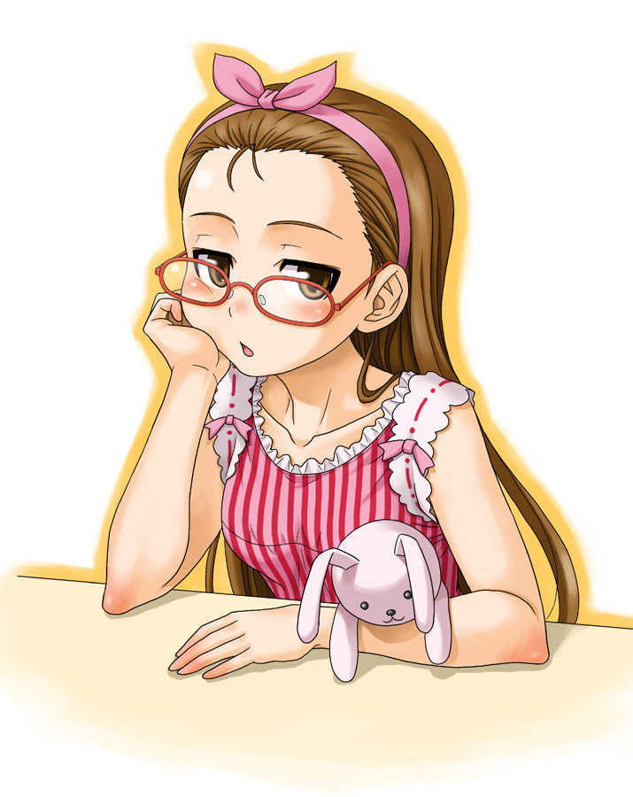 hida tatsuo, minase iori, idolmaster, idolmaster (classic), idolmaster 1, 00s, 1girl, blush, bored, female focus, glasses, head rest, red-framed eyewear, solo, stuffed animal, stuffed rabbit, stuffed toy
