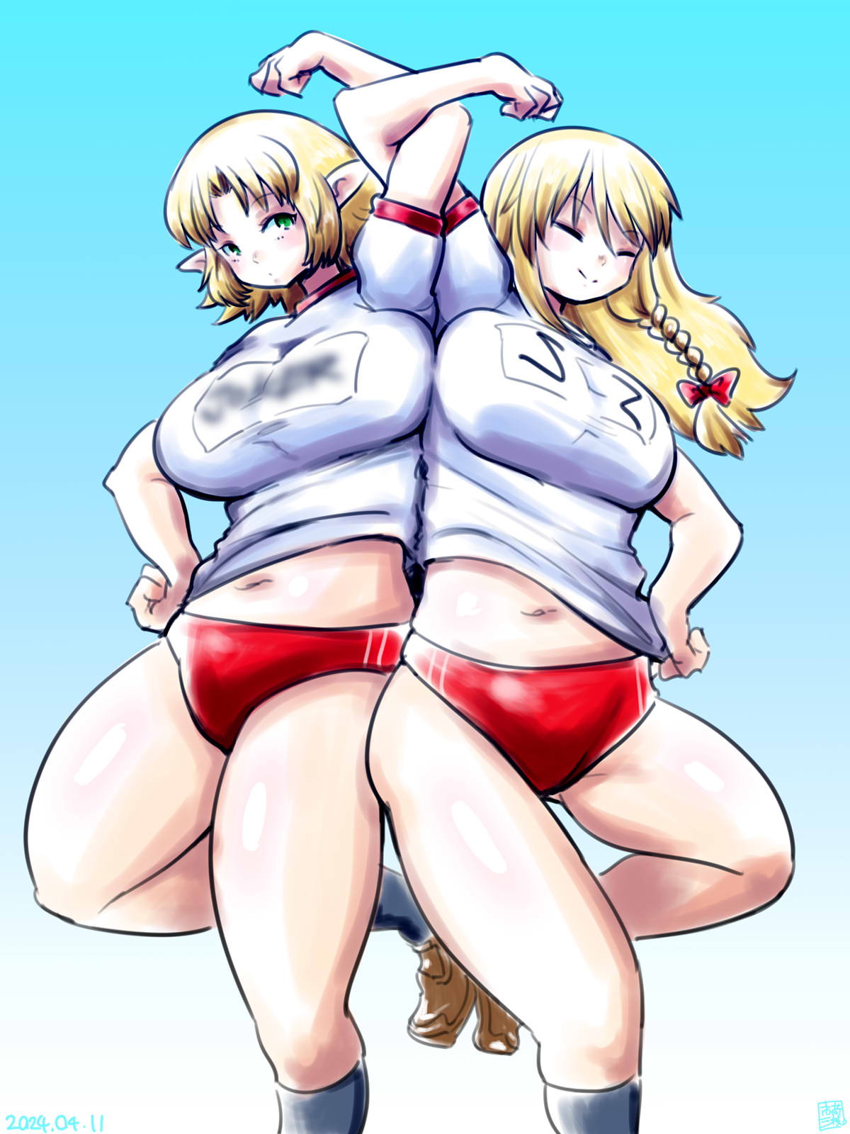 itini-sanshi, joker (cookie), kirisame marisa, mizuhashi parsee, suzu (cookie), cookie (touhou), touhou, commentary request, highres, 2girls, arm up, black socks, blonde hair, blue background, bow, braid, breasts, buruma, closed mouth, dated, foot out of frame, green eyes, gym uniform, hair bow, large breasts, locked arms, long hair, looking at viewer, midriff, multiple girls, navel, pointy ears, red buruma, shirt, short hair, side braid, single braid, smile, socks, white shirt