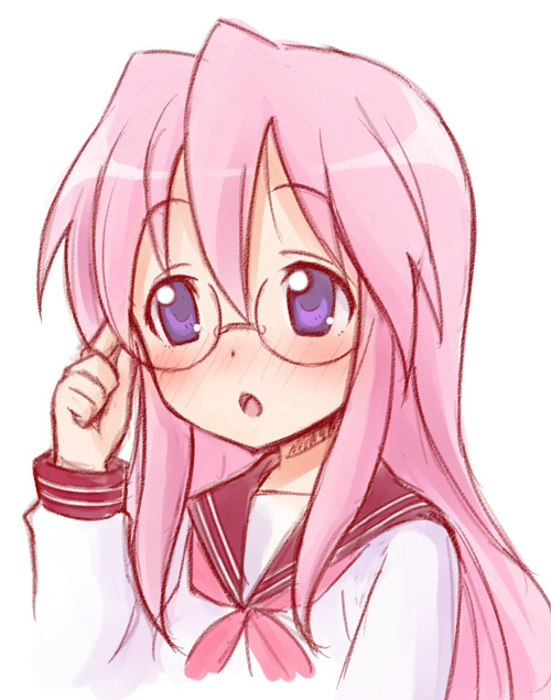 ha-ru, takara miyuki, lucky star, traditional media, 00s, blush, glasses, long hair, pink hair, purple eyes, sketch, solo
