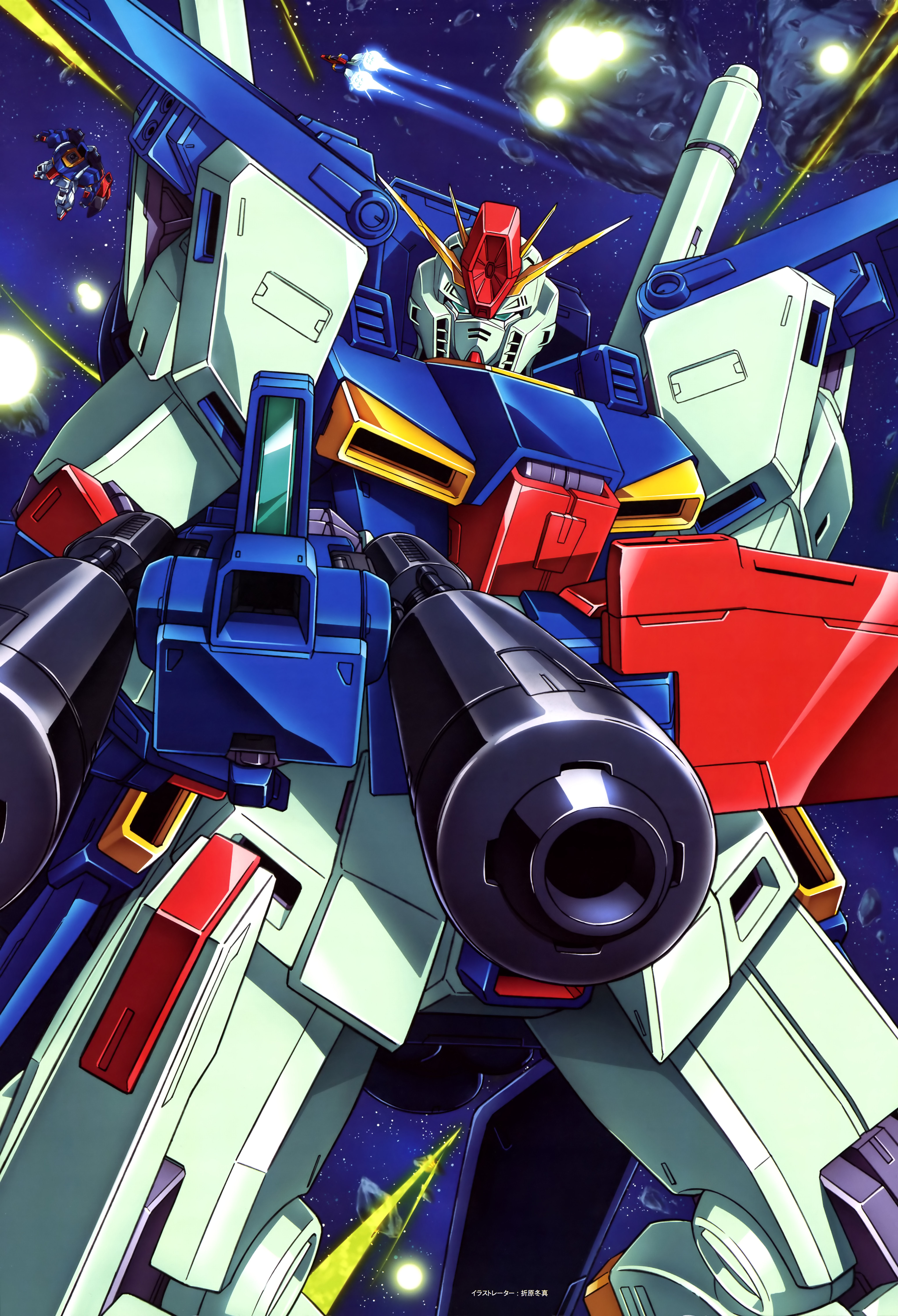 core fighter, zeta gundam (mobile suit), zz gundam, gundam, gundam zz, absurdres, artist request, highres, official art, spoilers, aeug, aiming, aiming at viewer, asteroid, battle, beam cannon, beam rifle, damaged, debris, energy, energy beam, energy gun, explosion, gundam perfect file, headless, machinery, mecha, mecha focus, mobile suit, nebula, robot, scene reference, science fiction, shield, space, spacecraft, star (sky), starfighter, thrusters, v-fin, weapon, zero gravity