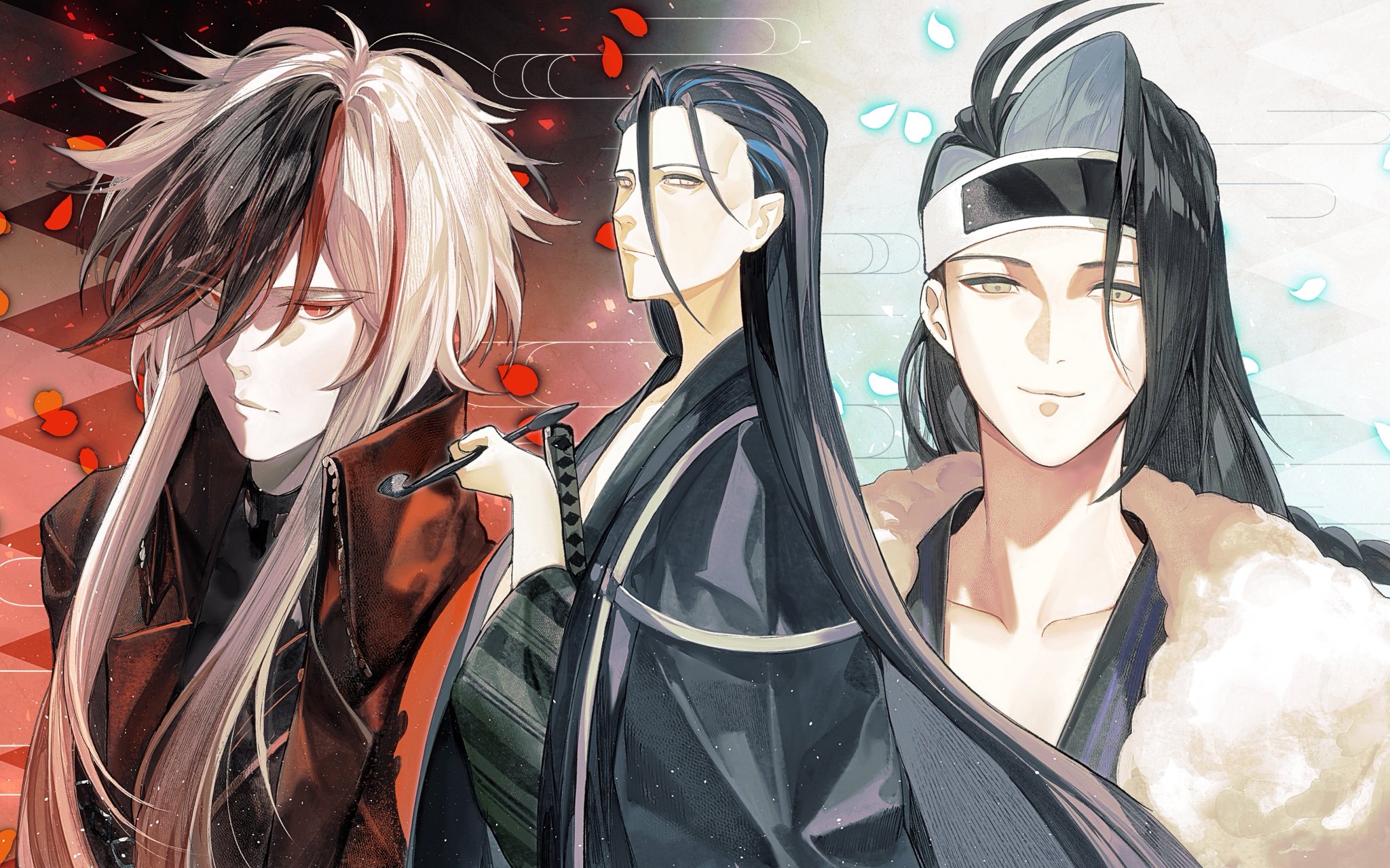 sad adrian, fate/grand order, fate (series), highres, 3boys, black hair, black hakama, dual persona, eyes visible through hair, gradient hair, grey eyes, hakama, headband, holding, holding smoking pipe, japanese clothes, kondou isami (fate), long hair, multicolored hair, multiple boys, red eyes, red hair, shinsengumi (fate), sidelocks, smoking pipe, white hair