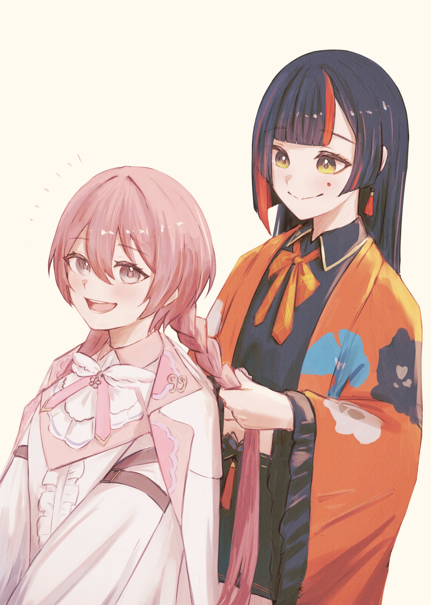 tsubu (kappunioyu562), amayui moka, choya hanabi, vspo!, highres, 2girls, adjusting another's hair, black hair, black shirt, black skirt, blouse, blunt bangs, blunt sidelocks, bow, bowtie, braid, center frills, cloak, collared shirt, double-parted bangs, earrings, facial mark, frills, grey eyes, hair between eyes, haori, japanese clothes, jewelry, long hair, loose bowtie, multicolored hair, multiple girls, open mouth, parted bangs, pink hair, red haori, shirt, sidelocks, simple background, skirt, streaked hair, tassel, tassel earrings, virtual youtuber, white background, wide sleeves, yellow eyes