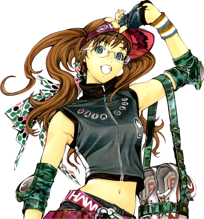 oogure ito, noyamano ringo, air gear, visor, non-web source, official art, 00s, 1girl, arm up, armpits, belt, blue eyes, brown hair, crop top, elbow pads, female focus, fingerless gloves, glasses, gloves, grin, headband, inline skates, long hair, midriff, navel, open mouth, polka dot, ribbon, roller skates, shirt, skates, sleeveless, sleeveless shirt, smile, solo, transparent background, turtleneck, twintails, visor cap, wristband, zipper