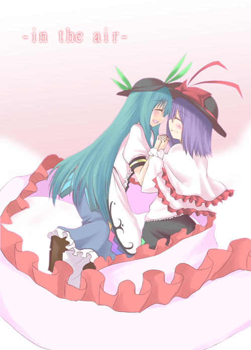 hane (hanegoya), hinanawi tenshi, nagae iku, touhou, 2girls, aqua hair, blue hair, blush, closed eyes, female focus, hat, holding hands, long hair, multiple girls, shawl, short hair, smile, yuri