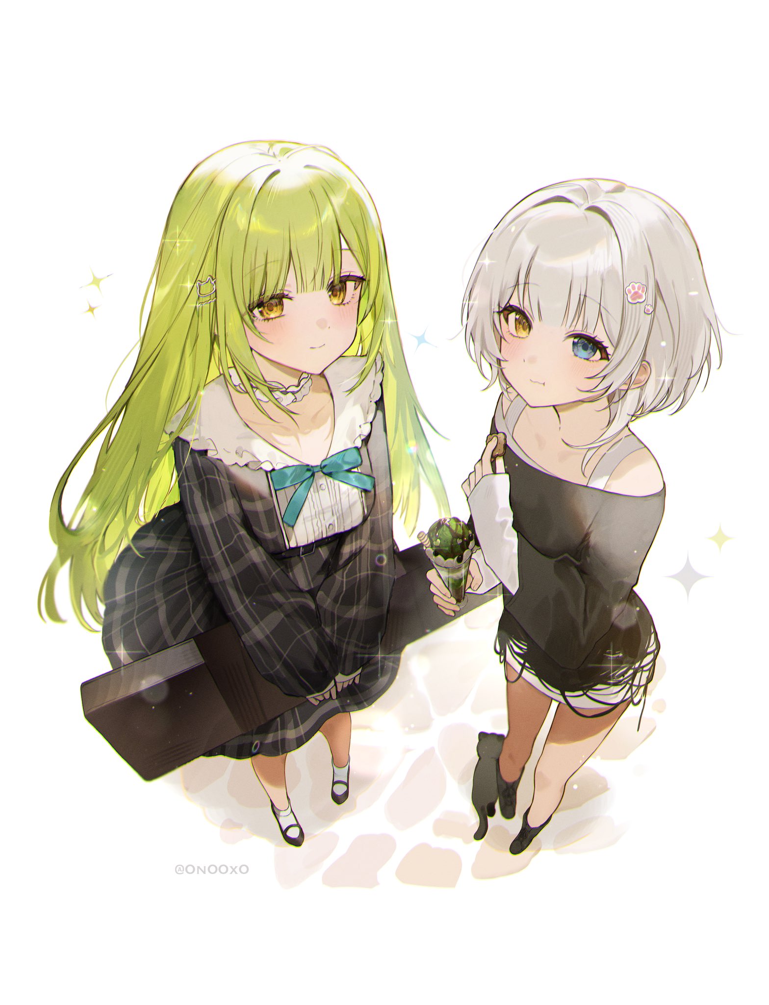 xx9106, kaname raana, mortis (bang dream!), mortis (persona) (bang dream!), wakaba mutsumi, bang dream!, bang dream! it's mygo!!!!!, commentary, highres, 2girls, black boots, black shirt, blue eyes, blue ribbon, boots, cat, chromatic aberration, closed mouth, cookie, dress, food, full body, green hair, guitar case, heterochromia, instrument case, long hair, long sleeves, looking at viewer, matcha parfait, multiple girls, neck ribbon, paw hair ornament, plaid clothes, plaid dress, raana the cat, ribbon, shirt, shoes, short hair, simple background, sleeves past wrists, sparkle, twitter username, white background, white hair, white shirt, white shoes, yellow eyes