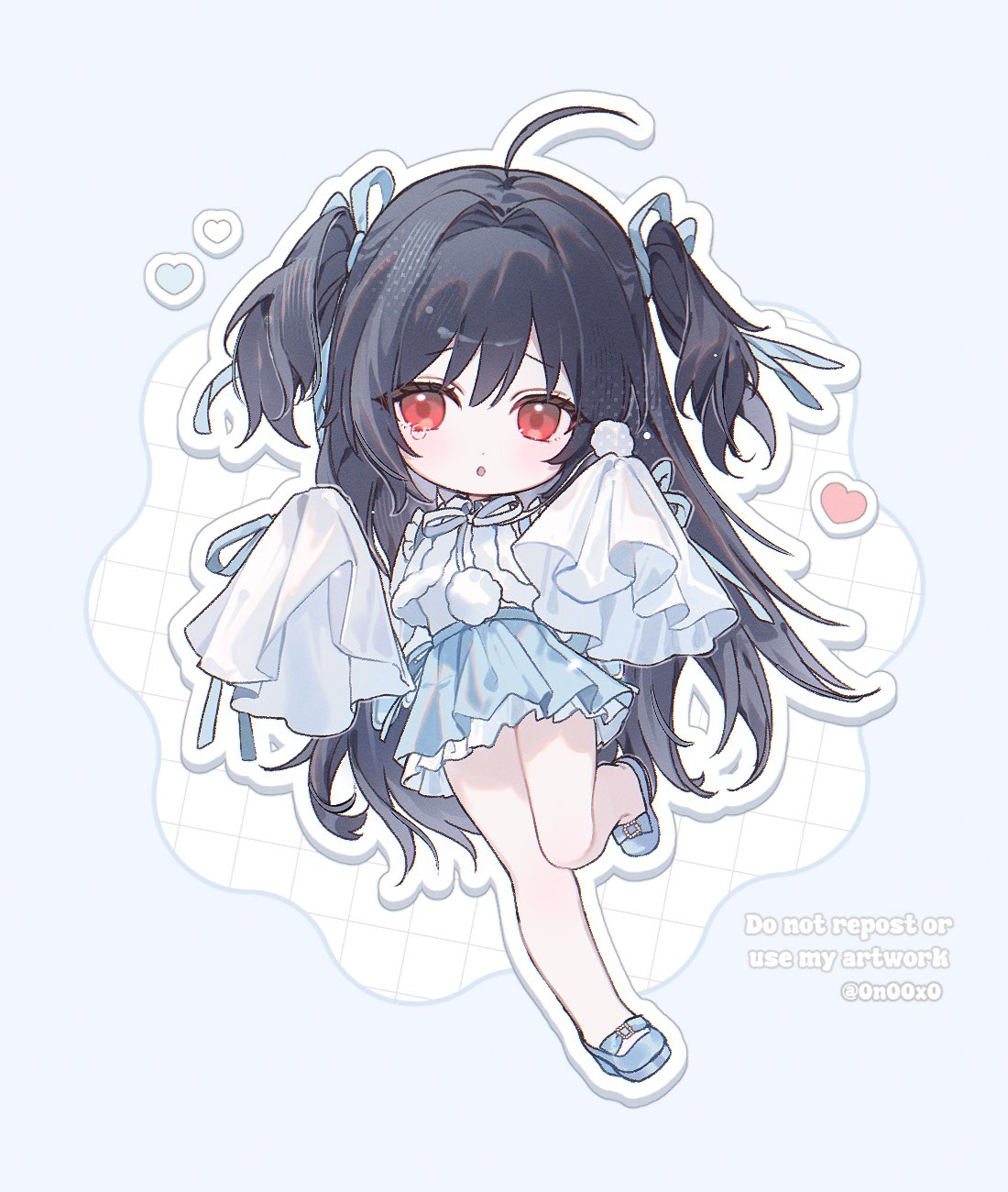 xx9106, original, highres, ahoge, blue ribbon, blue shoes, blue skirt, blush, dot nose, full body, hair intakes, hair ribbon, heart, leg up, long hair, looking at viewer, miniskirt, neck ribbon, outline, parted lips, pom pom (clothes), red eyes, ribbon, shoes, skirt, tearing up, twitter username, two side up, very long hair, white outline