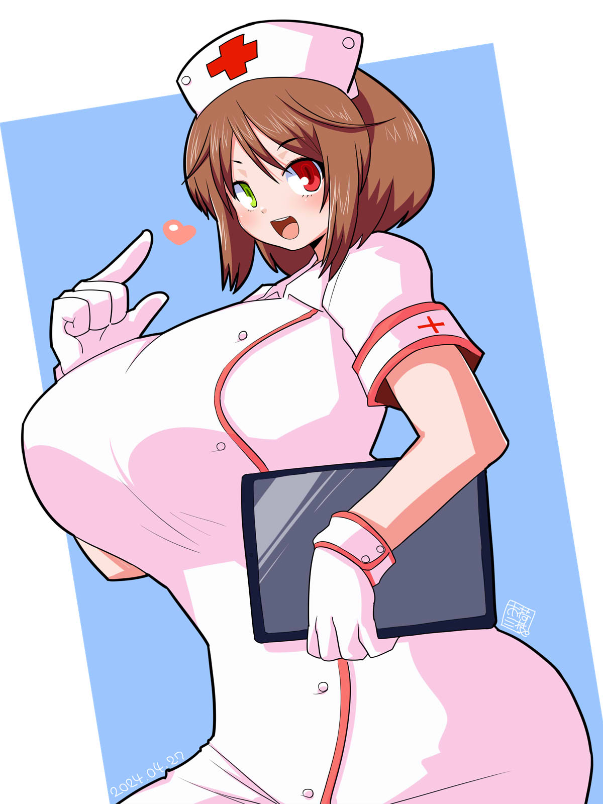 itini-sanshi, souseiseki, rozen maiden, commentary request, highres, 1girl, alternate breast size (larger), alternate costume, blue background, blush, brown hair, clipboard, cowboy shot, dated, dress, gloves, green eyes, hat, heart, heterochromia, holding, holding clipboard, looking at viewer, nurse, nurse cap, open mouth, red eyes, short hair, short sleeves, simple background, smile, solo, two-tone background, white background, white dress, white gloves