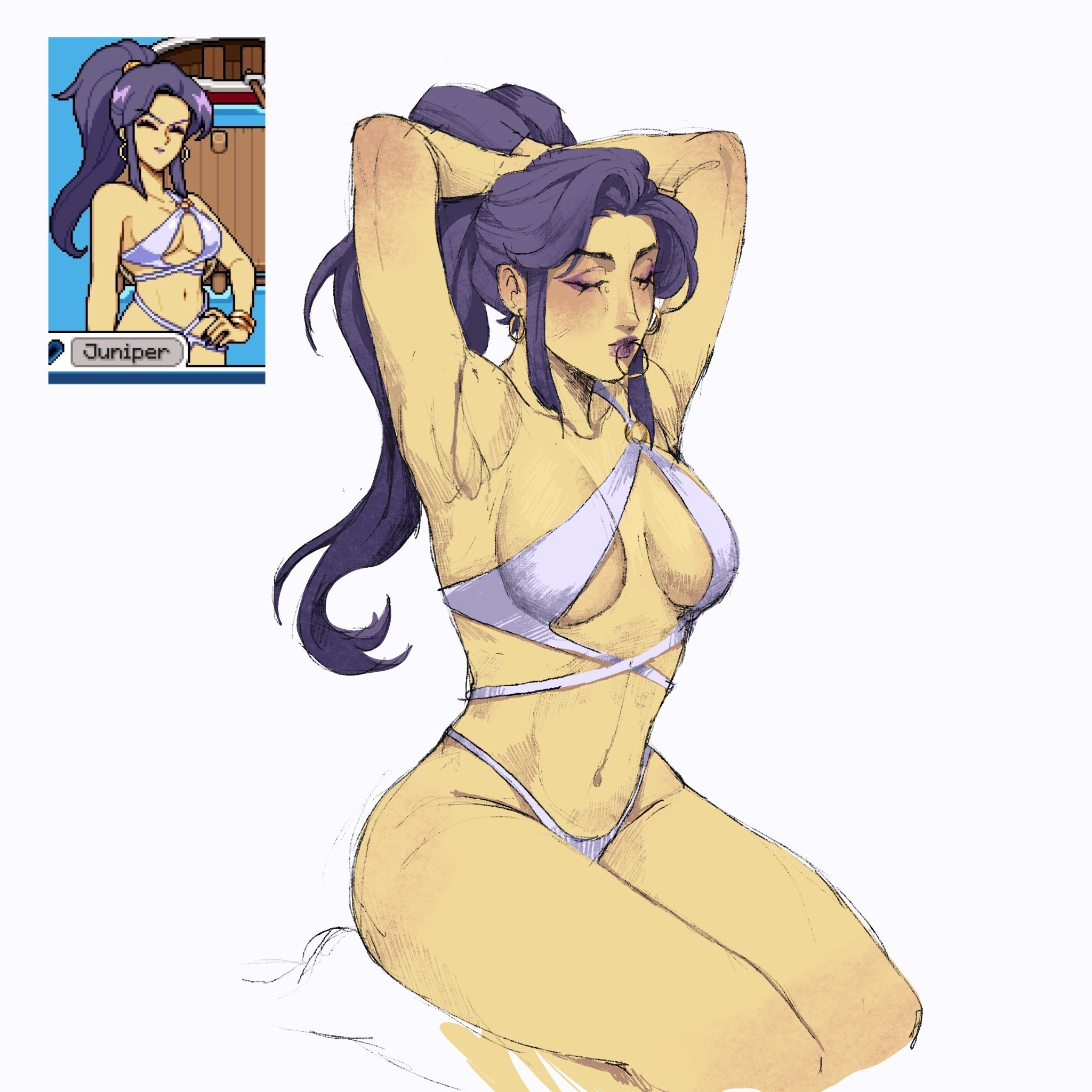 avegoxcx, juniper (fields of mistria), fields of mistria, highres, arms up, closed eyes, cross swimsuit, eyeshadow, game screenshot inset, grabbing own hair, hair tie, high ponytail, holding, holding own hair, lipstick, makeup, navel, ponytail, purple eyeshadow, purple hair, purple lips, seiza, sitting, swimsuit, thighs