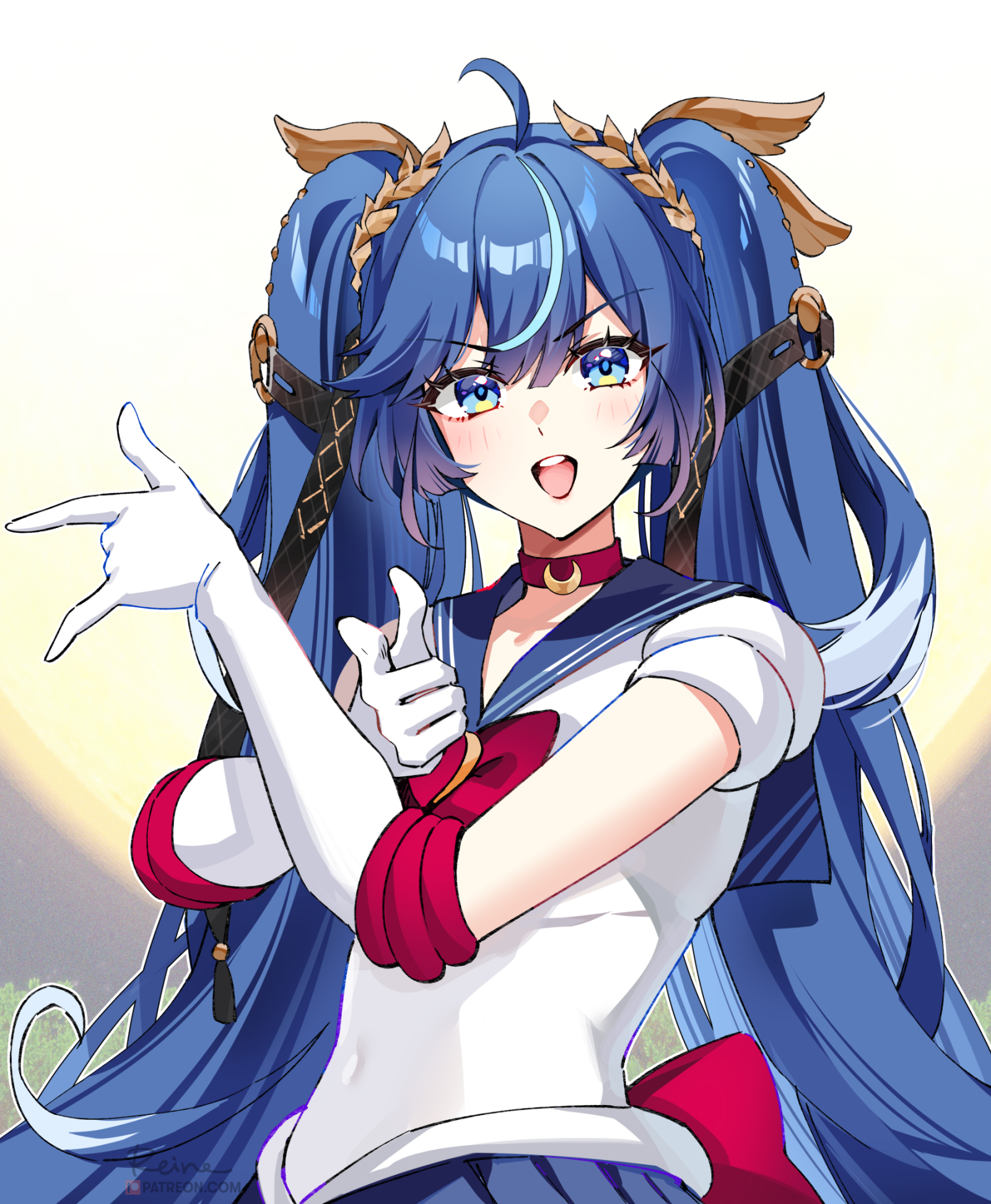 foxyreine, iuno (wuthering waves), sailor moon, bishoujo senshi sailor moon, wuthering waves, commentary, highres, 1girl, ahoge, blue eyes, blue hair, blue sailor collar, choker, cosplay, gloves, hair belt, laurel crown, long hair, looking at viewer, multicolored hair, open mouth, red choker, sailor collar, sailor moon (cosplay), shirt, short sleeves, signature, smile, solo, streaked hair, twintails, very long hair, white gloves, white shirt