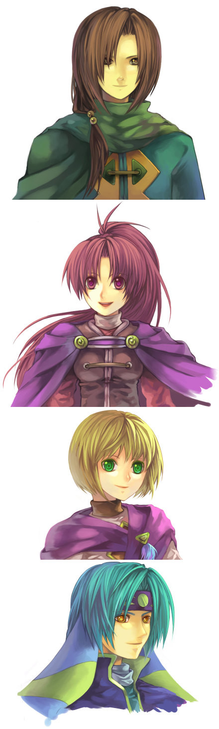 camelot, natsuki sao, felix (golden sun), jenna (golden sun), piers (golden sun), sheba (golden sun), golden sun, highres, long image, tall image, 2girls, blonde hair, blue hair, brown hair, cape, green eyes, headband, long hair, multiple girls, ponytail, purple eyes, red hair, short hair, smile, yellow eyes