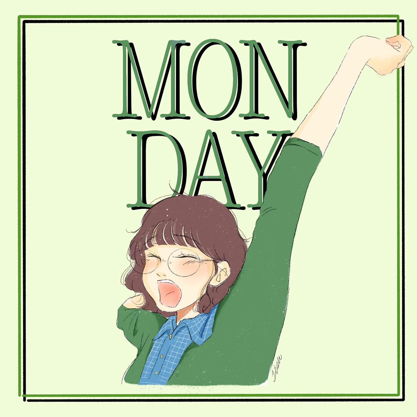 lisa (illustsan430), original, commentary request, highres, 1girl, arms up, artist name, blue shirt, blunt bangs, blush, border, brown hair, cardigan, closed eyes, collared shirt, cropped torso, glasses, green background, green border, green cardigan, green theme, grid print, hair behind ear, inset border, medium hair, open mouth, outside border, raised eyebrows, round eyewear, shirt, signature, simple background, solo, stretching, teeth, text background, three-quarter sleeves, upper body, upper teeth only, yawning