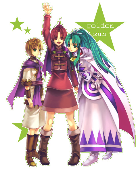 camelot, natsuki sao, jenna (golden sun), mia (golden sun), sheba (golden sun), golden sun, 3girls, armlet, blonde hair, blue eyes, blue hair, boots, bow, cape, gloves, green eyes, hair bow, jewelry, leaning, long hair, multiple girls, red eyes, red hair, ribbon, short hair, skirt, smile