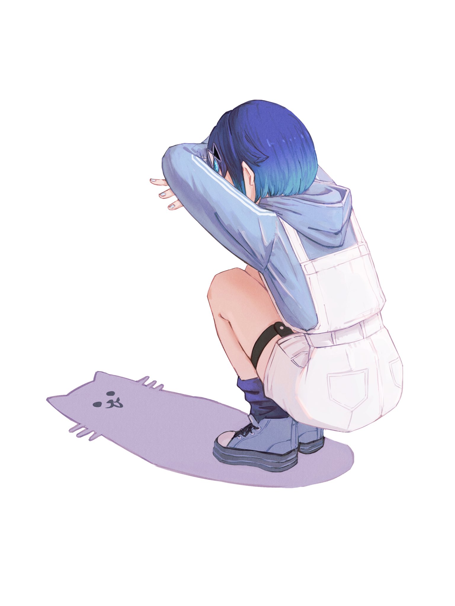 tsubu (kappunioyu562), tsumugi kokage, vspo!, highres, 1girl, blue hair, blue hoodie, blue shoes, cat, cat shadow puppet (meme), from behind, gradient hair, hair ornament, hood, hoodie, loose socks, medium hair, meme, multicolored hair, overalls, platform shoes, shadow, shoes, simple background, sneakers, socks, solo, squatting, thigh strap, virtual youtuber, w, white background, white overalls
