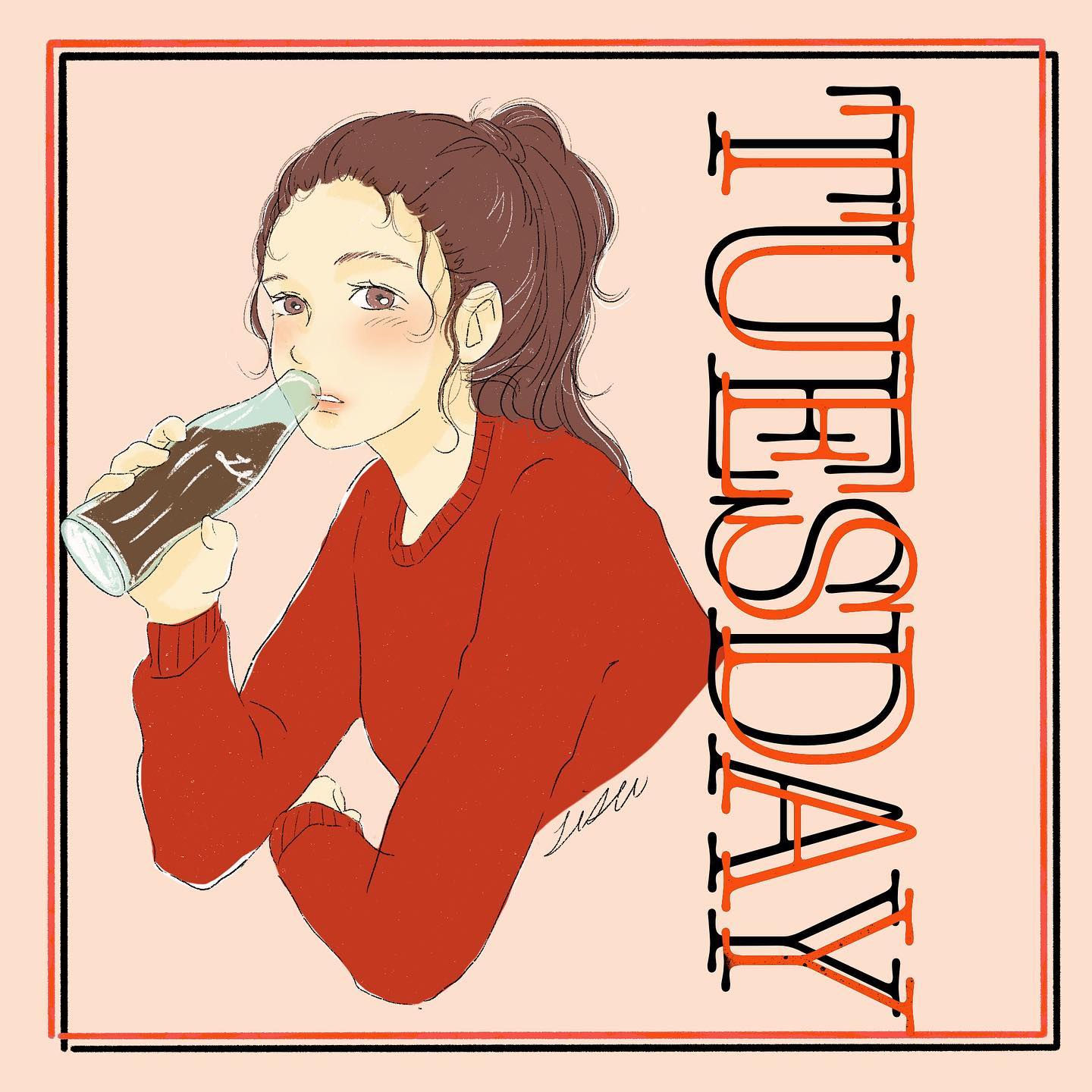 lisa (illustsan430), original, commentary request, highres, 1girl, artist name, blush, border, bottle, brown eyes, cropped torso, drinking, elbow rest, glass bottle, hand up, high ponytail, holding, holding bottle, inset border, invisible table, long hair, long sleeves, looking at viewer, looking to the side, parted lips, pink background, ponytail, red border, red sweater, red theme, sideways glance, signature, simple background, soda, soda bottle, solo, sweater, text background, upper body
