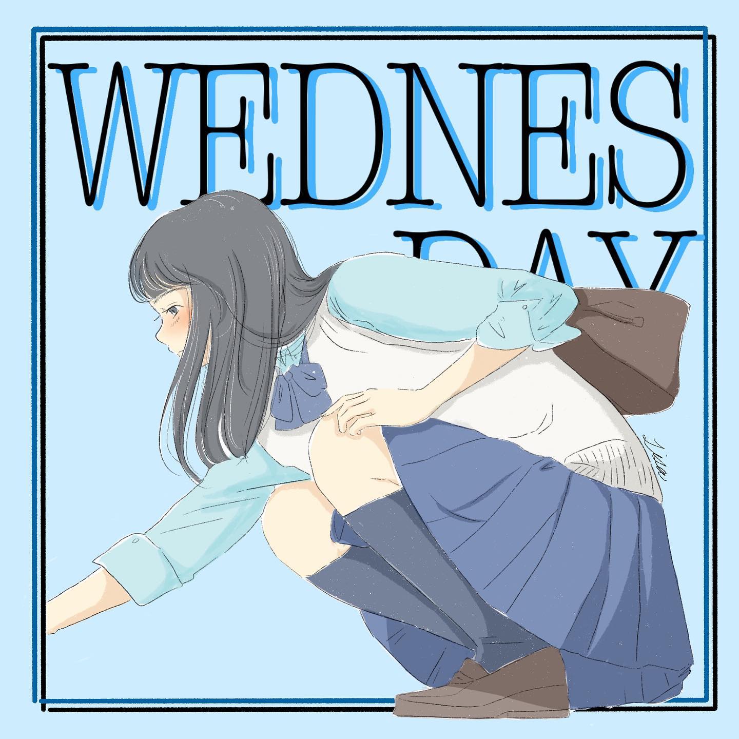 lisa (illustsan430), original, commentary request, highres, 1girl, artist name, blue background, blue border, blue bow, blue bowtie, blue shirt, blue skirt, blue theme, blush, border, bow, bowtie, brown bag, brown shoes, from side, grey eyes, grey hair, grey socks, hand on own knee, inset border, kneehighs, leaning forward, loafers, long hair, outside border, outstretched arm, pleated skirt, profile, reaching, school uniform, shirt, shoes, signature, simple background, skirt, sleeves rolled up, socks, solo, squatting, sweater vest, text background, three-quarter sleeves, white sweater vest