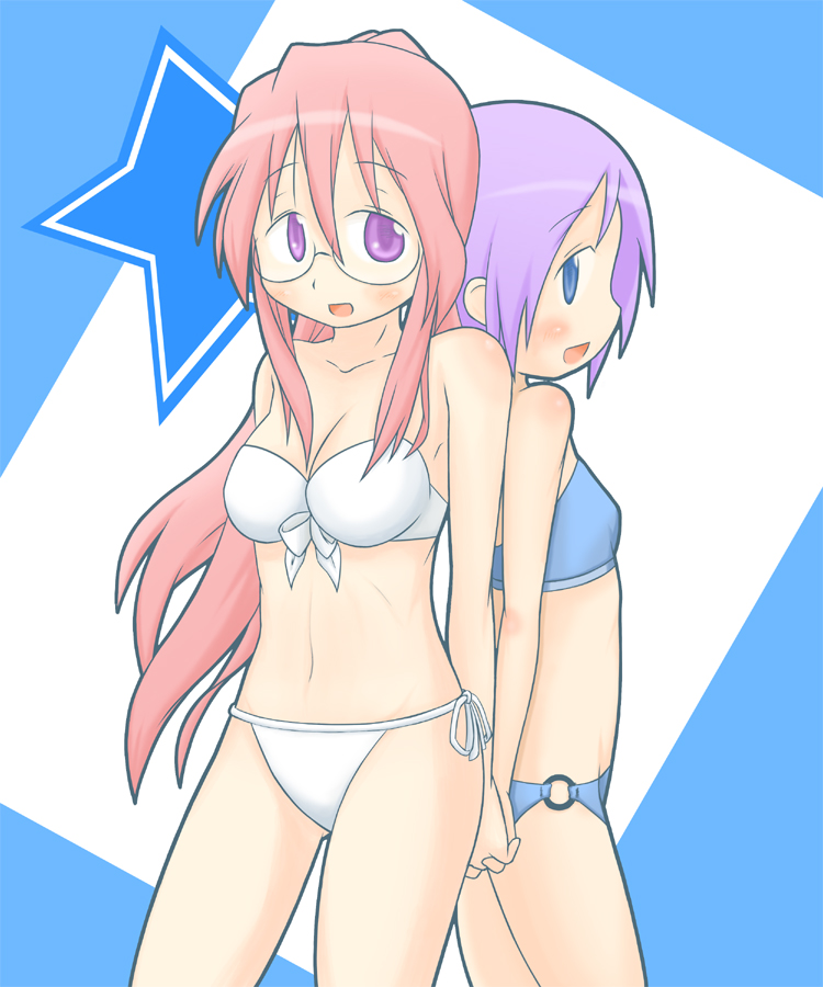 suriheru, hiiragi tsukasa, takara miyuki, lucky star, bad id, bad pixiv id, 00s, 2girls, bikini, blue eyes, breasts, cleavage, glasses, holding hands, long hair, medium breasts, multiple girls, pink hair, purple eyes, purple hair, short hair, small breasts, swimsuit