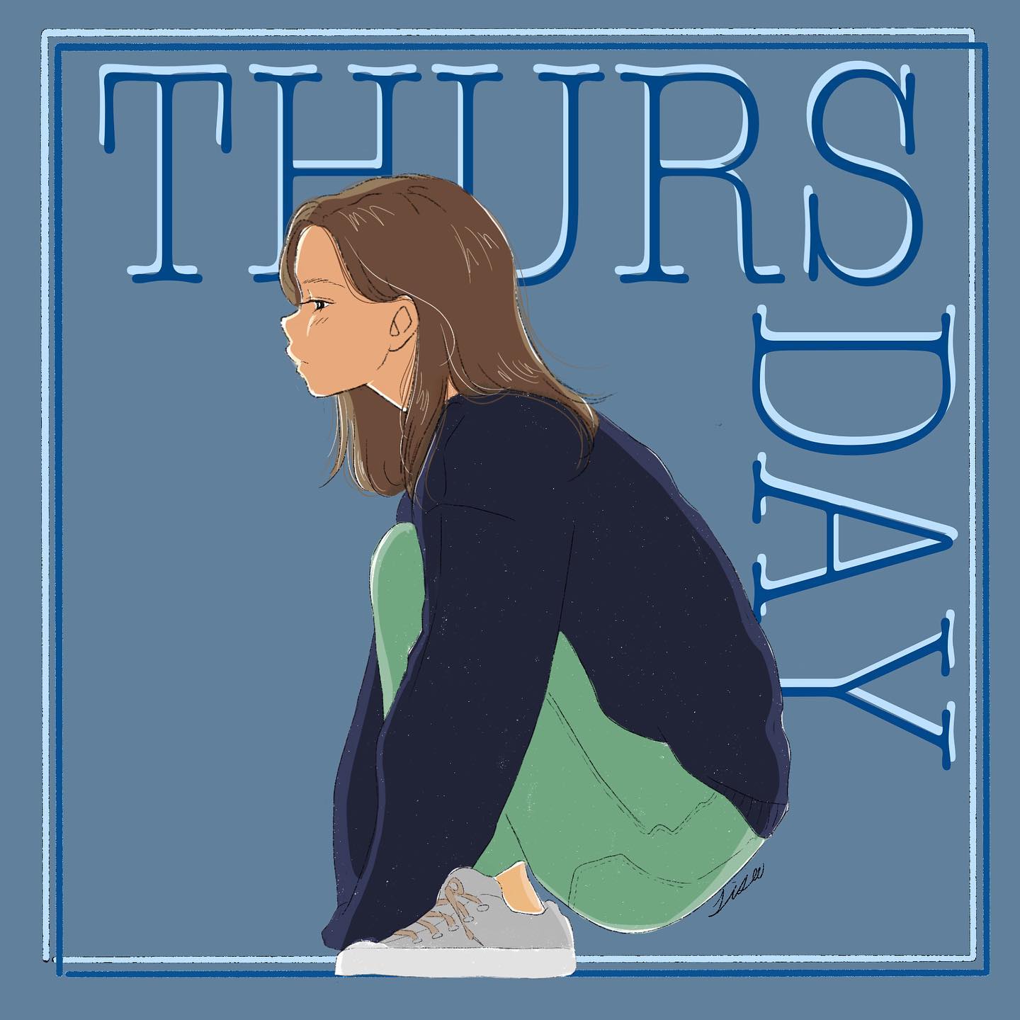 lisa (illustsan430), original, commentary request, highres, 1girl, artist name, black eyes, blue background, blue border, blue sweater, blue theme, blush, border, bright pupils, brown hair, closed mouth, from side, full body, green pants, grey shoes, inset border, long hair, long sleeves, looking ahead, outside border, pants, parted bangs, profile, shoes, signature, simple background, sleeves past fingers, sleeves past wrists, sneakers, solo, squatting, sweater, text background, white pupils