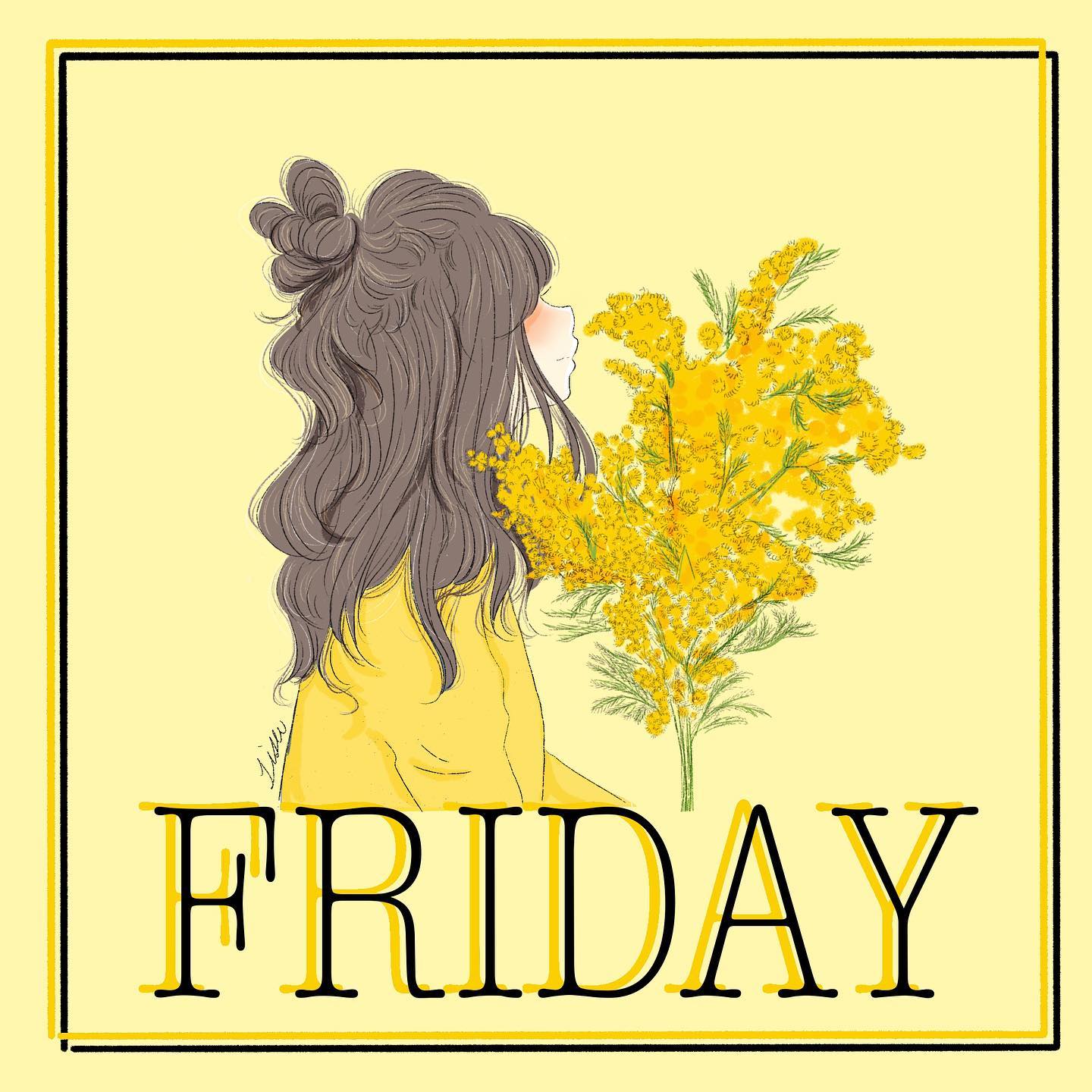 lisa (illustsan430), original, commentary request, flower request, highres, 1girl, artist name, blush, border, brown hair, closed mouth, cropped torso, flower, from side, hair bun, inset border, long hair, profile, signature, simple background, single hair bun, solo, sweater, text background, upper body, yellow background, yellow border, yellow flower, yellow sweater, yellow theme