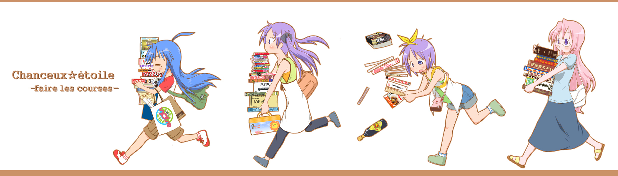 suriheru, hiiragi kagami, hiiragi tsukasa, izumi konata, takara miyuki, lucky star, suzumiya haruhi no yuuutsu, bad id, bad pixiv id, highres, long image, wide image, 00s, 4girls, ahoge, balsamic vinegar, blue eyes, blue hair, falling, french text, glasses, handheld game console, long hair, mole, mole under eye, multiple girls, pink hair, playstation portable, purple hair, ribbon, running, short hair, twintails