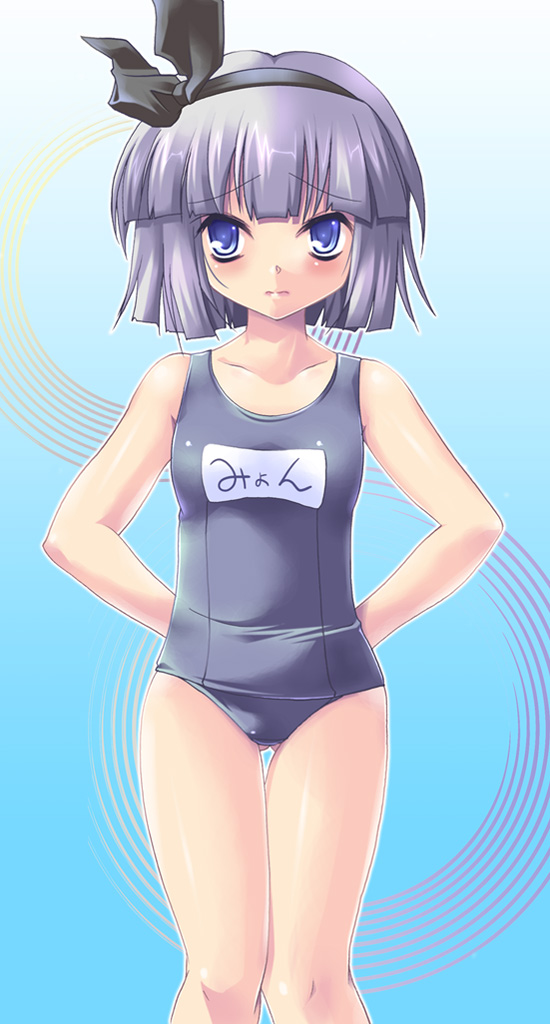 maki (seventh heaven maxion), konpaku youmu, touhou, silver hair, bad id, bad pixiv id, 1girl, female focus, gradient background, one-piece swimsuit, ribbon, school swimsuit, short hair, solo, swimsuit, white background