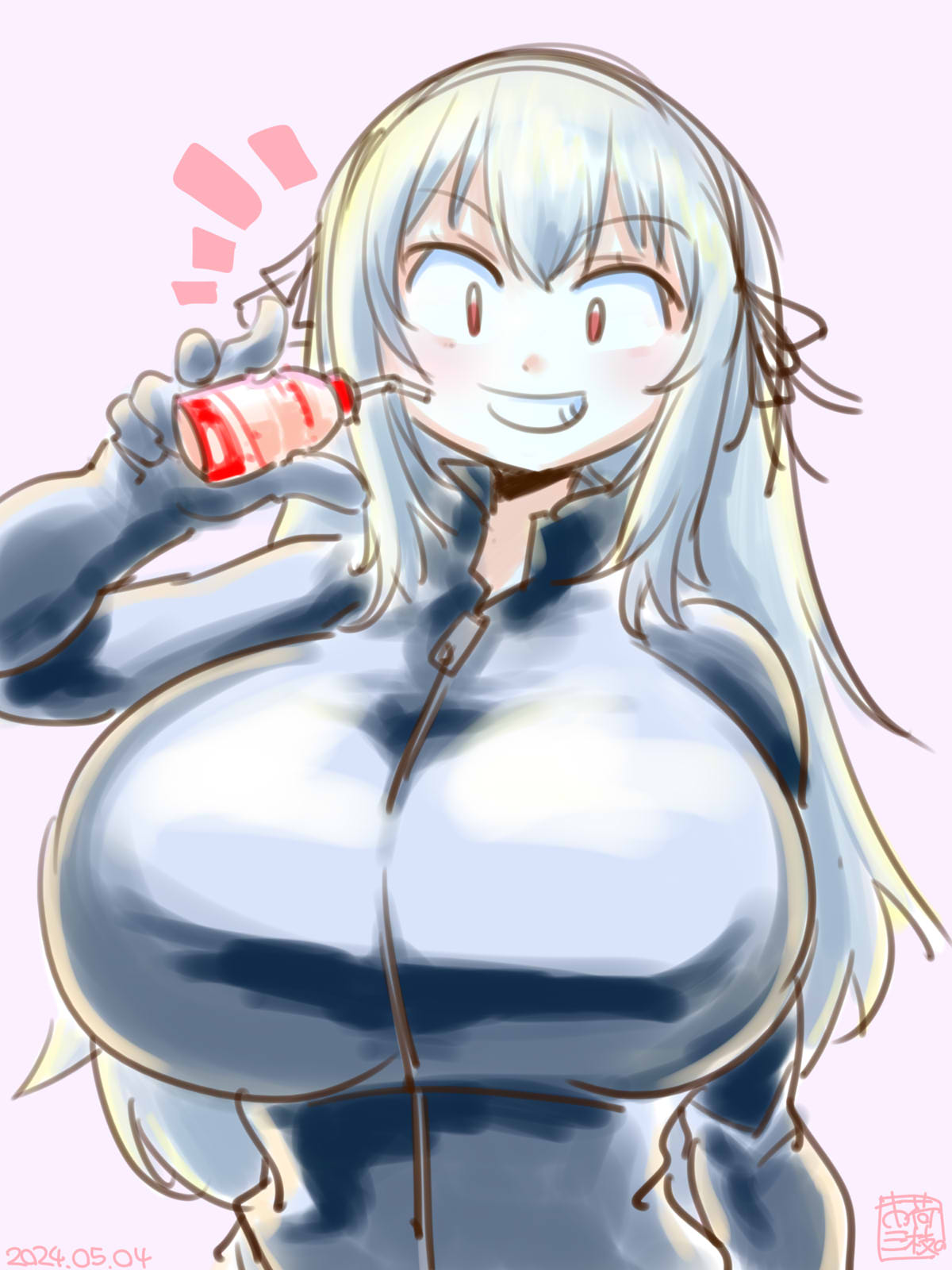itini-sanshi, suigintou, rozen maiden, commentary request, highres, 1girl, alternate breast size (larger), alternate costume, black ribbon, bodysuit, breasts, grey bodysuit, grey hair, grin, hair ribbon, huge breasts, lactic acid bacteria, long hair, looking at viewer, notice lines, purple background, red eyes, ribbon, simple background, smile, solo, upper body