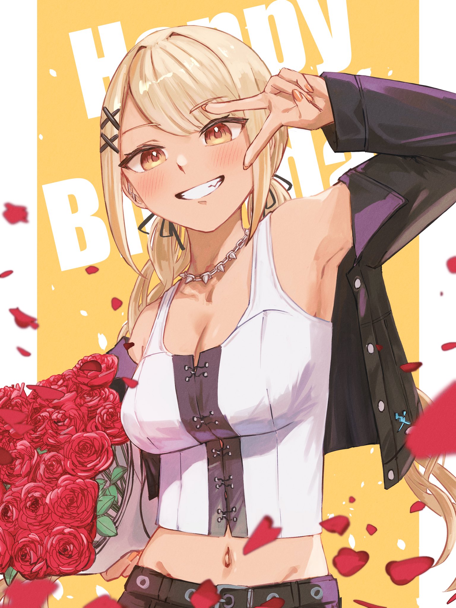 tsubu (kappunioyu562), kaminari qpi, kaminari qpi (3rd costume), vspo!, highres, 1girl, armpits, bare shoulders, black jacket, blonde hair, bouquet, breasts, cleavage, flower, grin, gyaru, hair intakes, hair ornament, happy birthday, holding, holding bouquet, jacket, looking at viewer, low twintails, midriff, nail polish, navel, parted bangs, petals, rose, smile, solo, spiked necklace, tank top, twintails, v, v over eye, virtual youtuber, white tank top, x hair ornament, yellow eyes