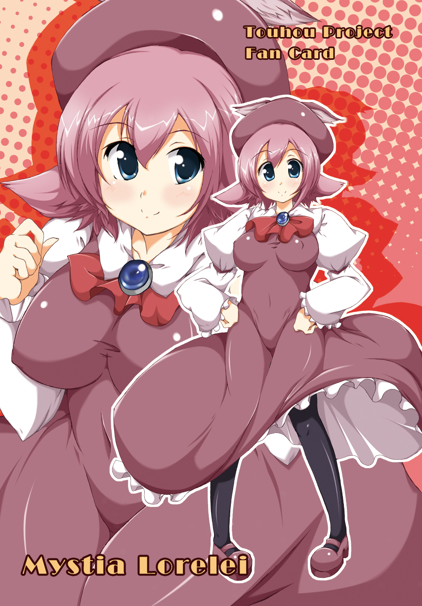 kanatsu, mystia lorelei, touhou, highres, 1girl, animal ears, black pantyhose, blue eyes, breasts, brooch, covered erect nipples, dress, female focus, hat, impossible clothes, impossible dress, jewelry, large breasts, no wings, pantyhose, pink hair, ribbon, shirt, short hair, smile, taut clothes, taut shirt