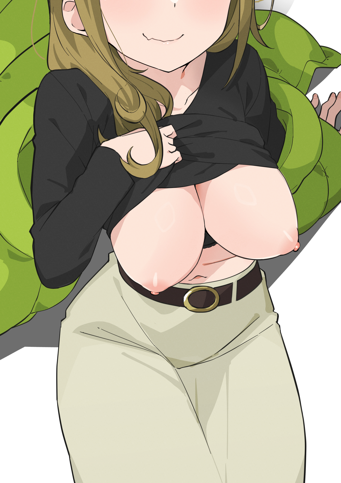 morisobo, inuyama aoi, yurucamp, highres, belt, black belt, breasts, closed mouth, coat, fang, green coat, head out of frame, large breasts, navel, nipples, pants, simple background, skin fang, smile, standing, white background