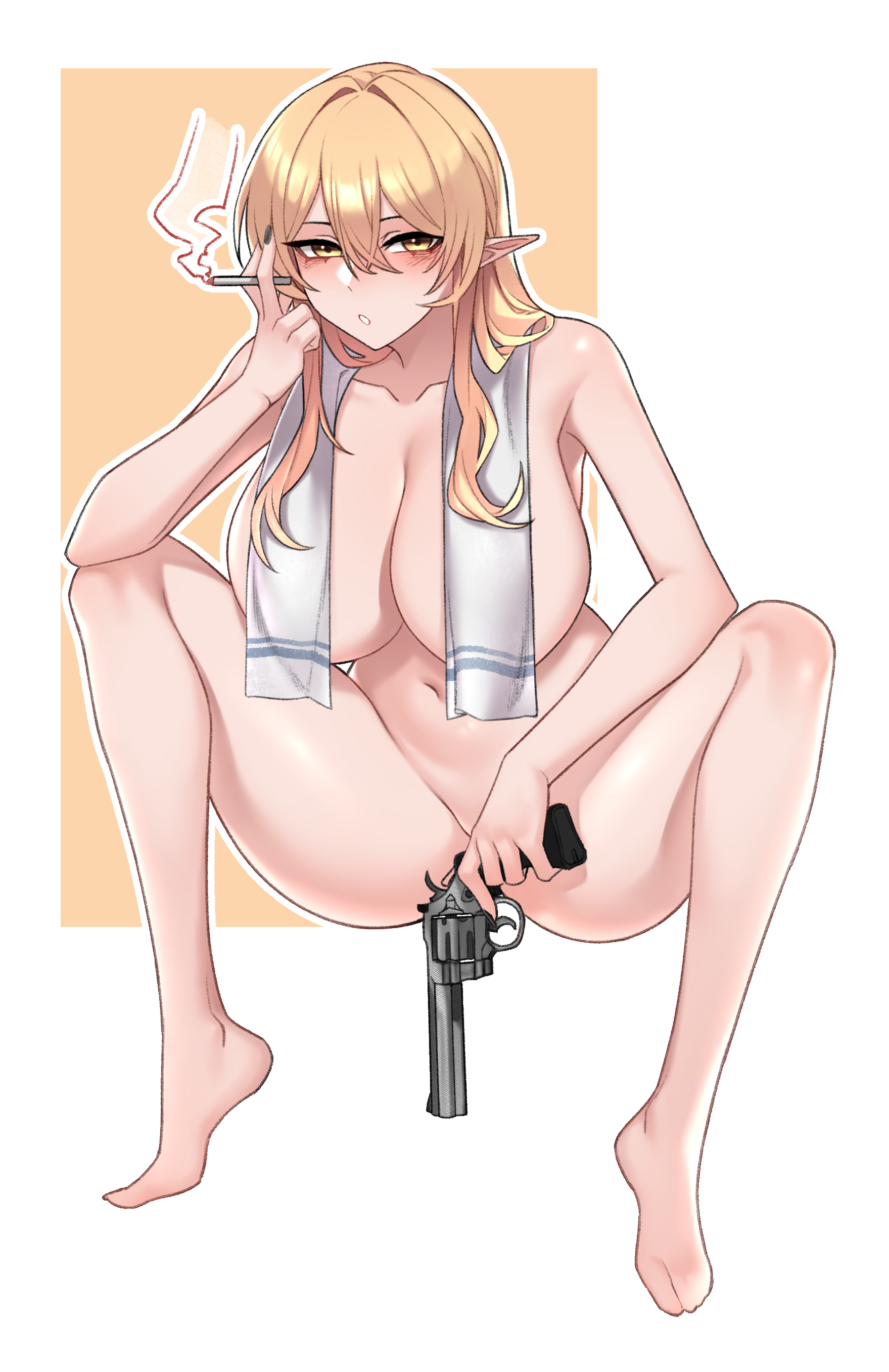 dogs (dlrkdejr26), original, absurdres, commission, highres, variant set, 1girl, armpits, barefoot, blonde hair, blush, breasts, brown eyes, cigarette, cleavage, completely nude, full body, gun, hair between eyes, handgun, holding, holding cigarette, holding gun, holding weapon, large breasts, looking at viewer, medium hair, navel, nude, open mouth, pointy ears, revolver, solo, spread legs, squatting, stomach, towel, towel around neck, weapon